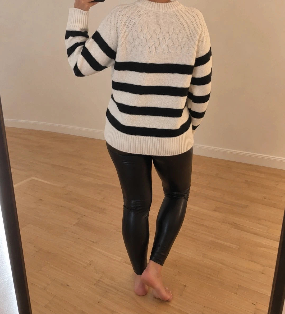 ONLY oversized cream and black striped sweater with ribbed cuffs and round neckline.
