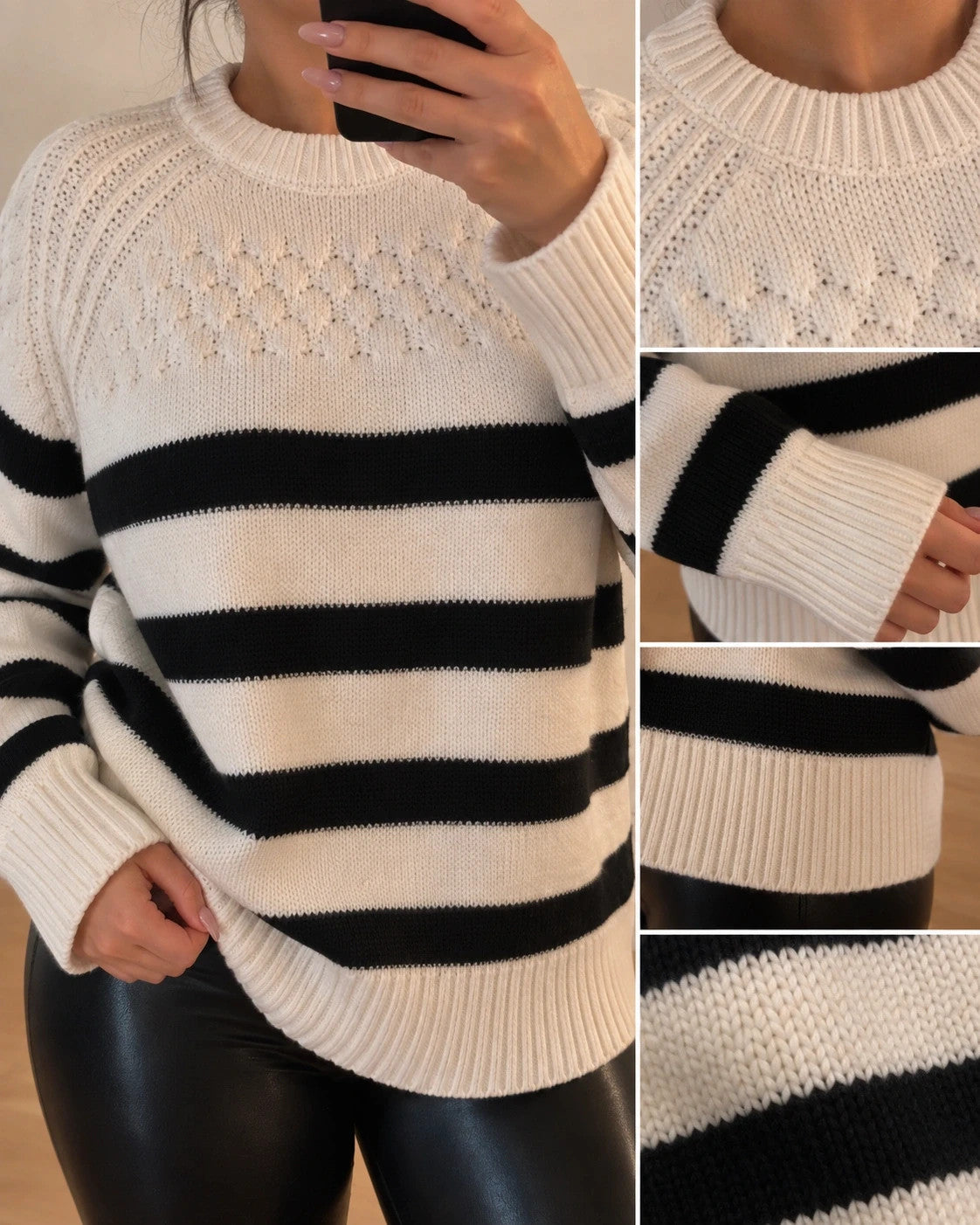 ONLY oversized cream and black striped sweater with ribbed cuffs and round neckline.