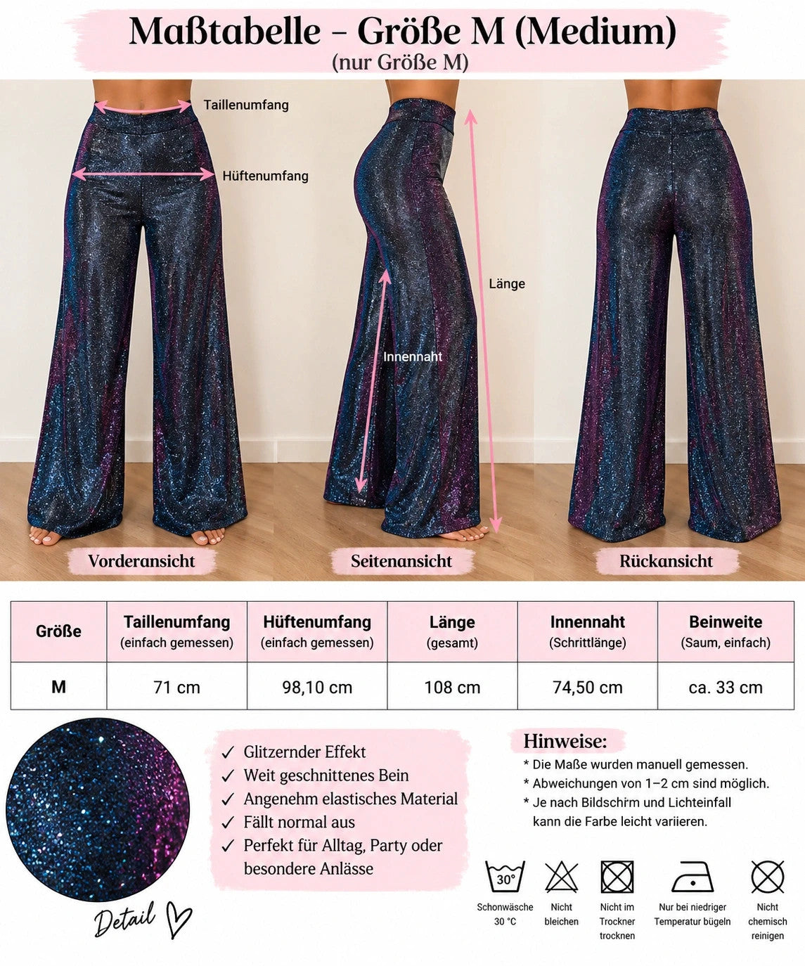 SheIn blue glitter flared pants with color-changing effect and high waist design.
