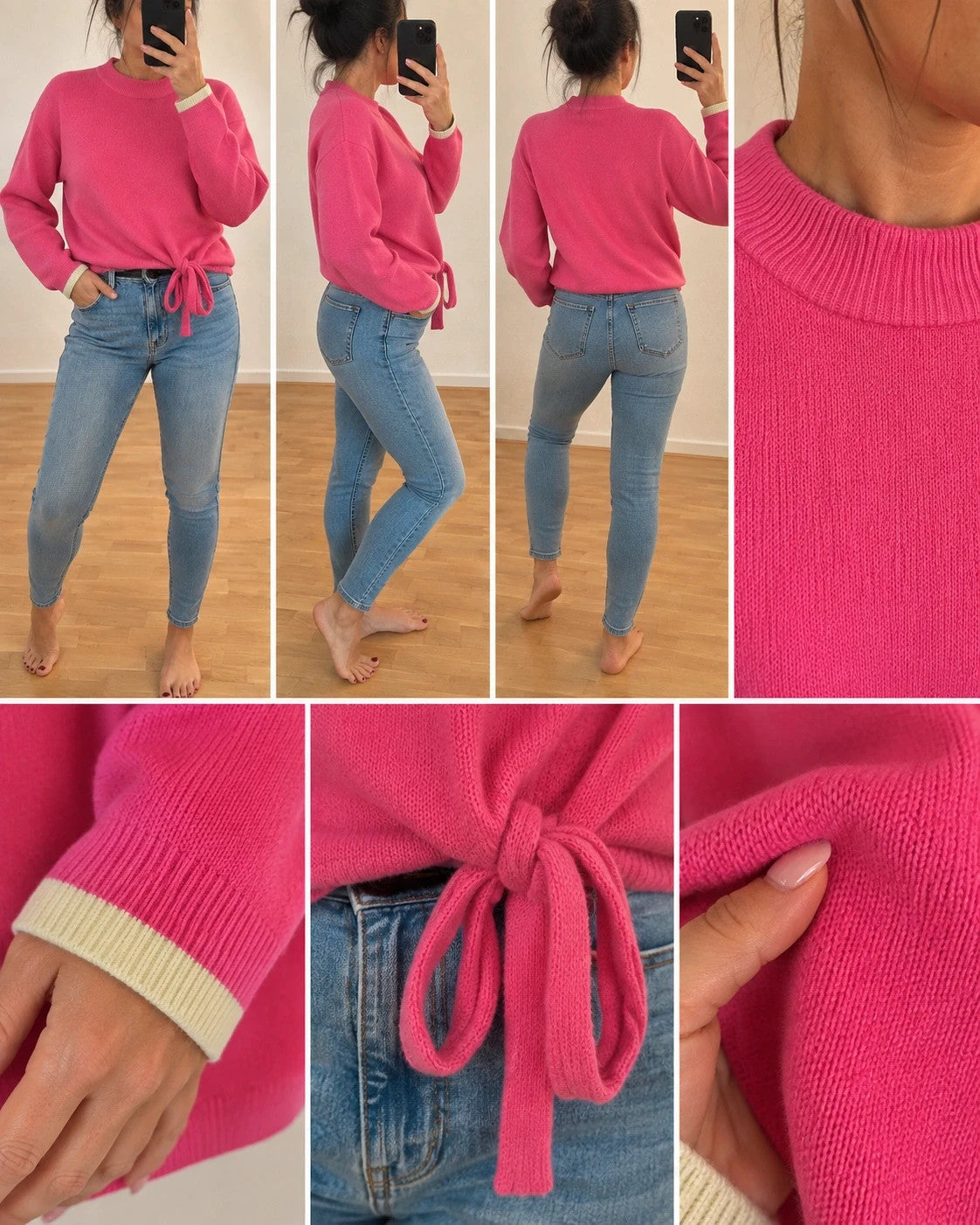 ONLY pink pullover with drawstring detail, round neckline, and contrasting sleeve cuffs.