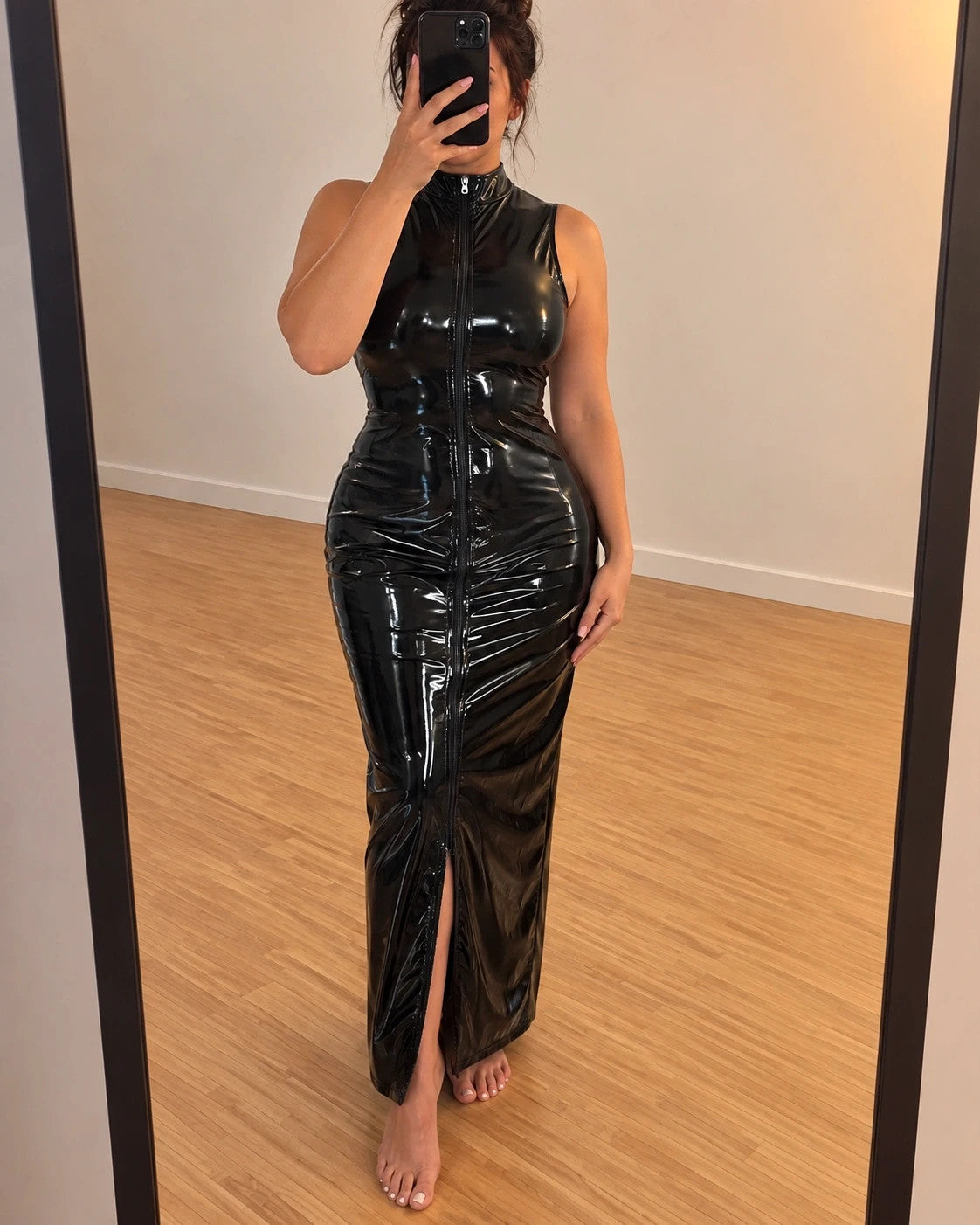 REI black linen maxi dress high-gloss wetlook with front zipper and thigh slit.