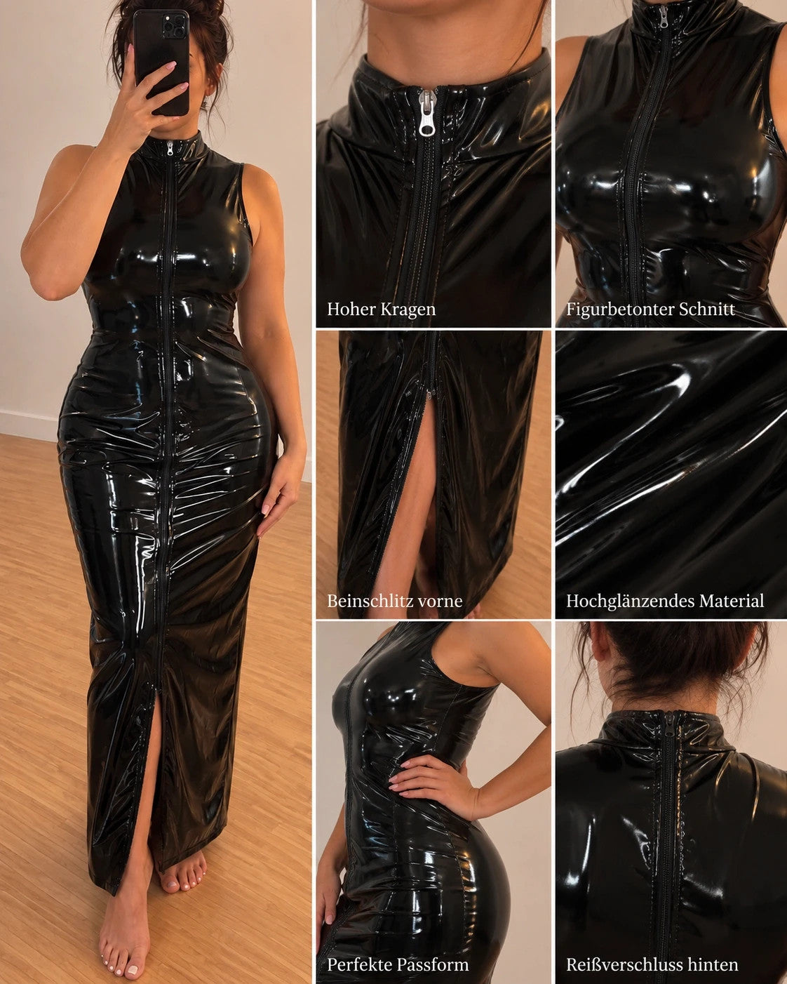 REI black linen maxi dress high-gloss wetlook with front zipper and thigh slit.