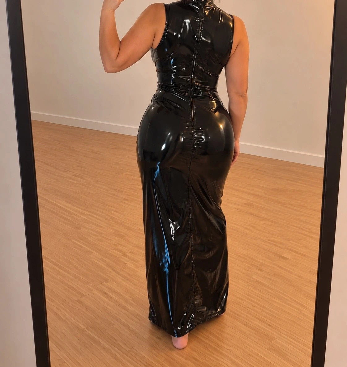 REI black linen maxi dress high-gloss wetlook with front zipper and thigh slit.
