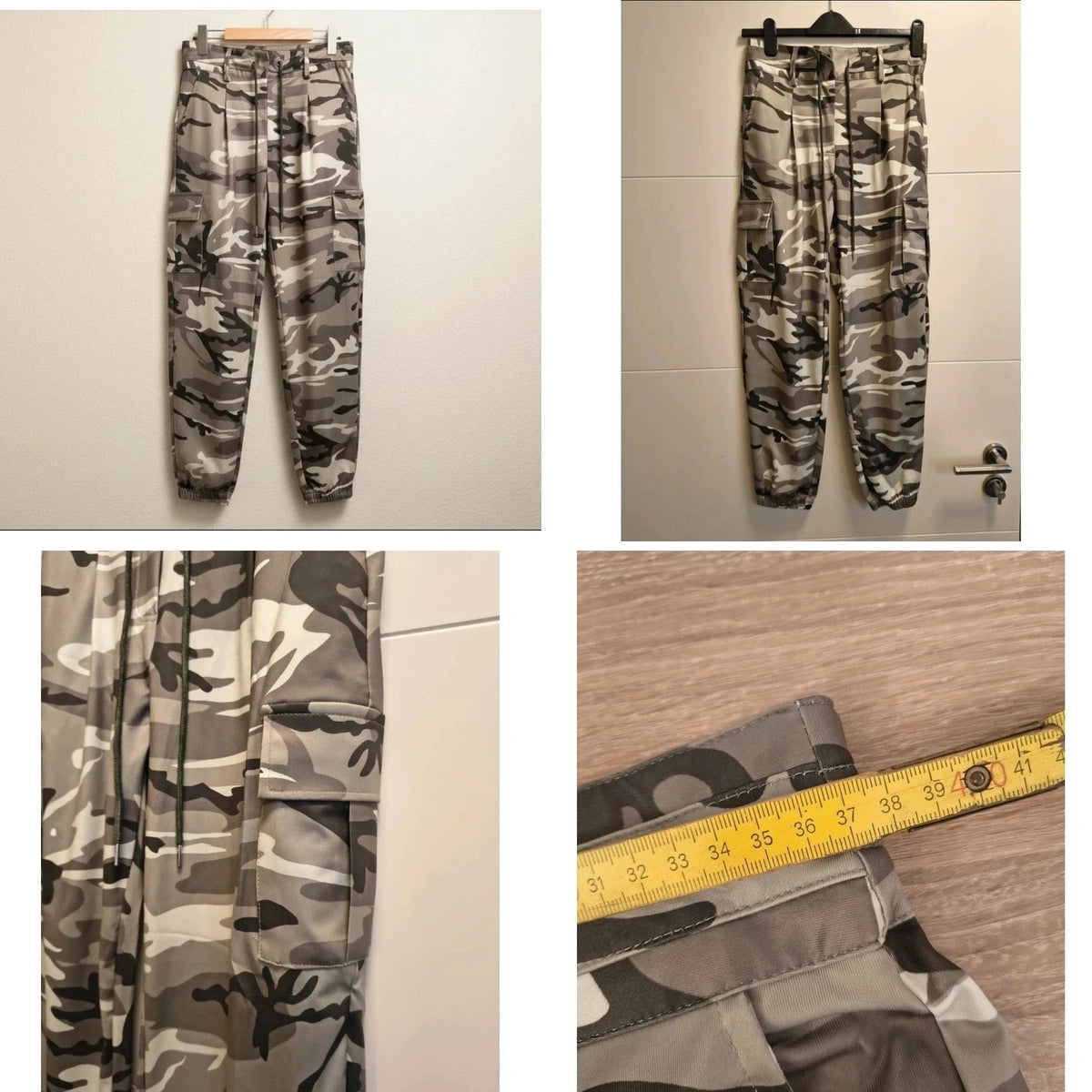 SheIn grey camouflage joggers with large cargo pockets and drawstring waistband.