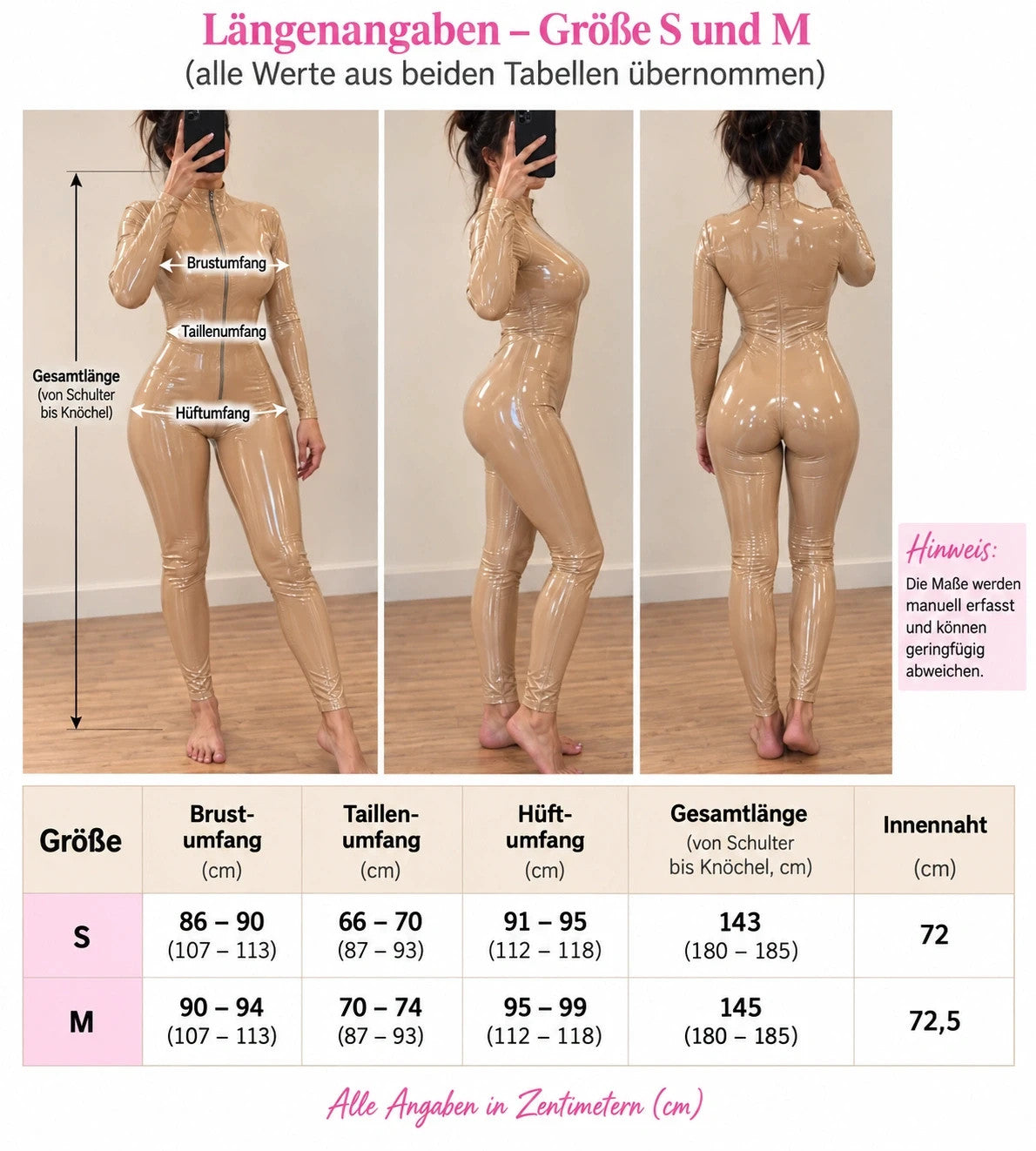 Beige jumpsuit with high-gloss wetlook finish and front zipper, size M.