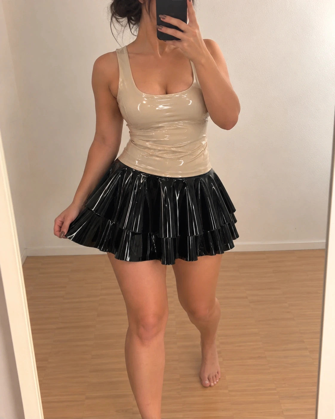 XXL black mini skirt shiny wetlook double ruffle design high-waisted PU leather