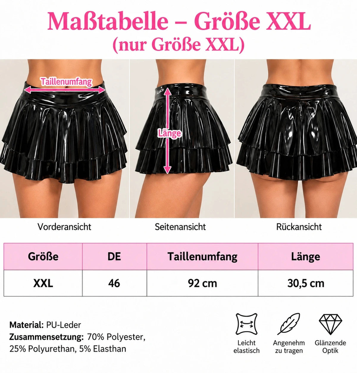 XXL black mini skirt shiny wetlook double ruffle design high-waisted PU leather
