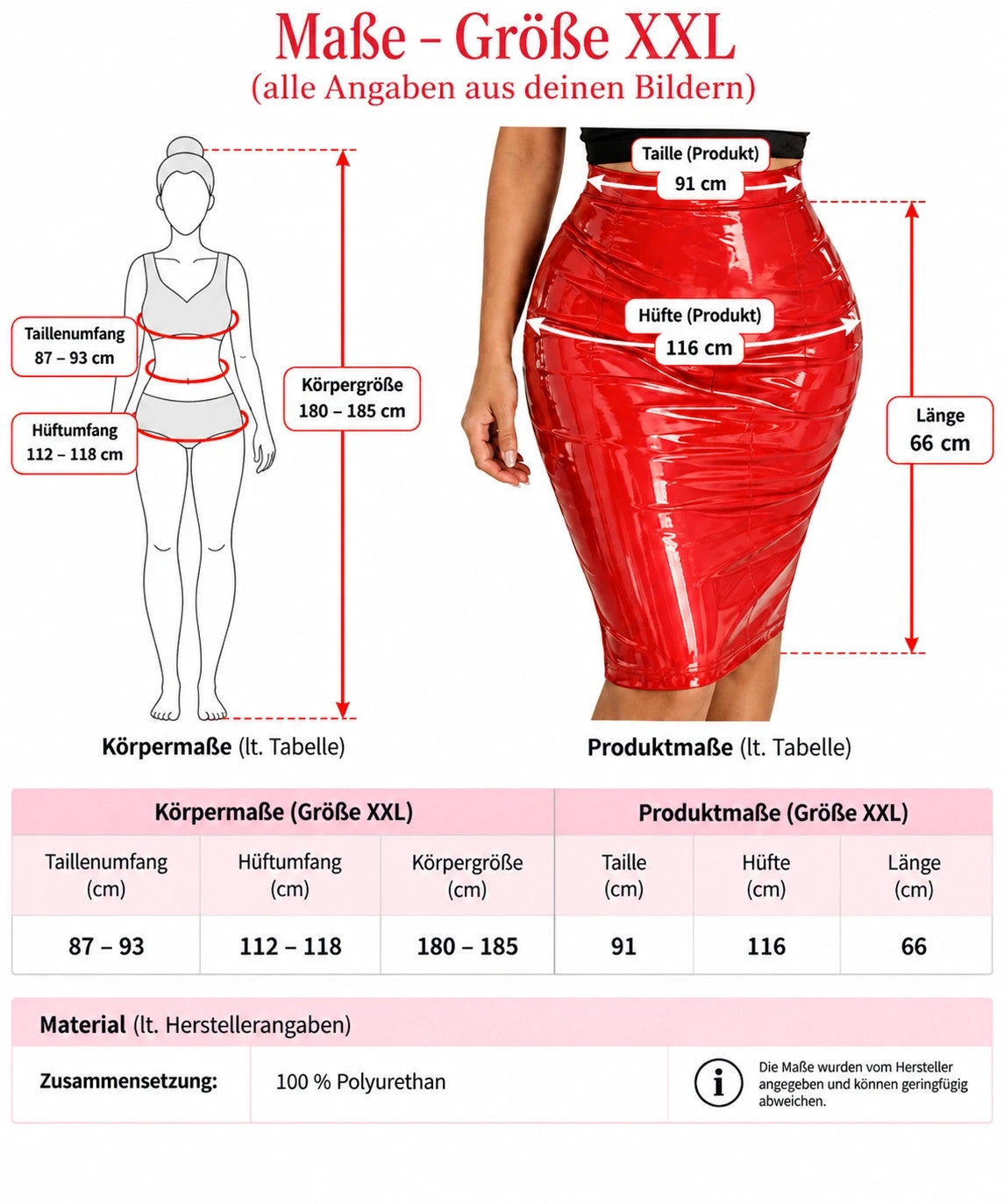 XXL red wetlook pencil skirt high waist with glossy finish and back slit.