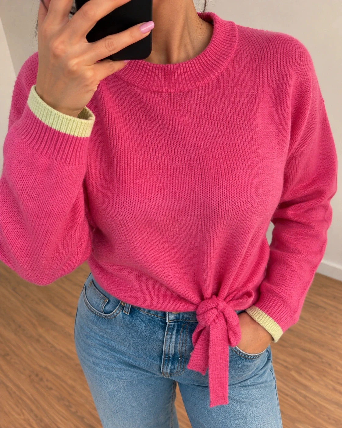 ONLY pink oversized pullover with drawstring, soft material, and contrasting sleeve accents.