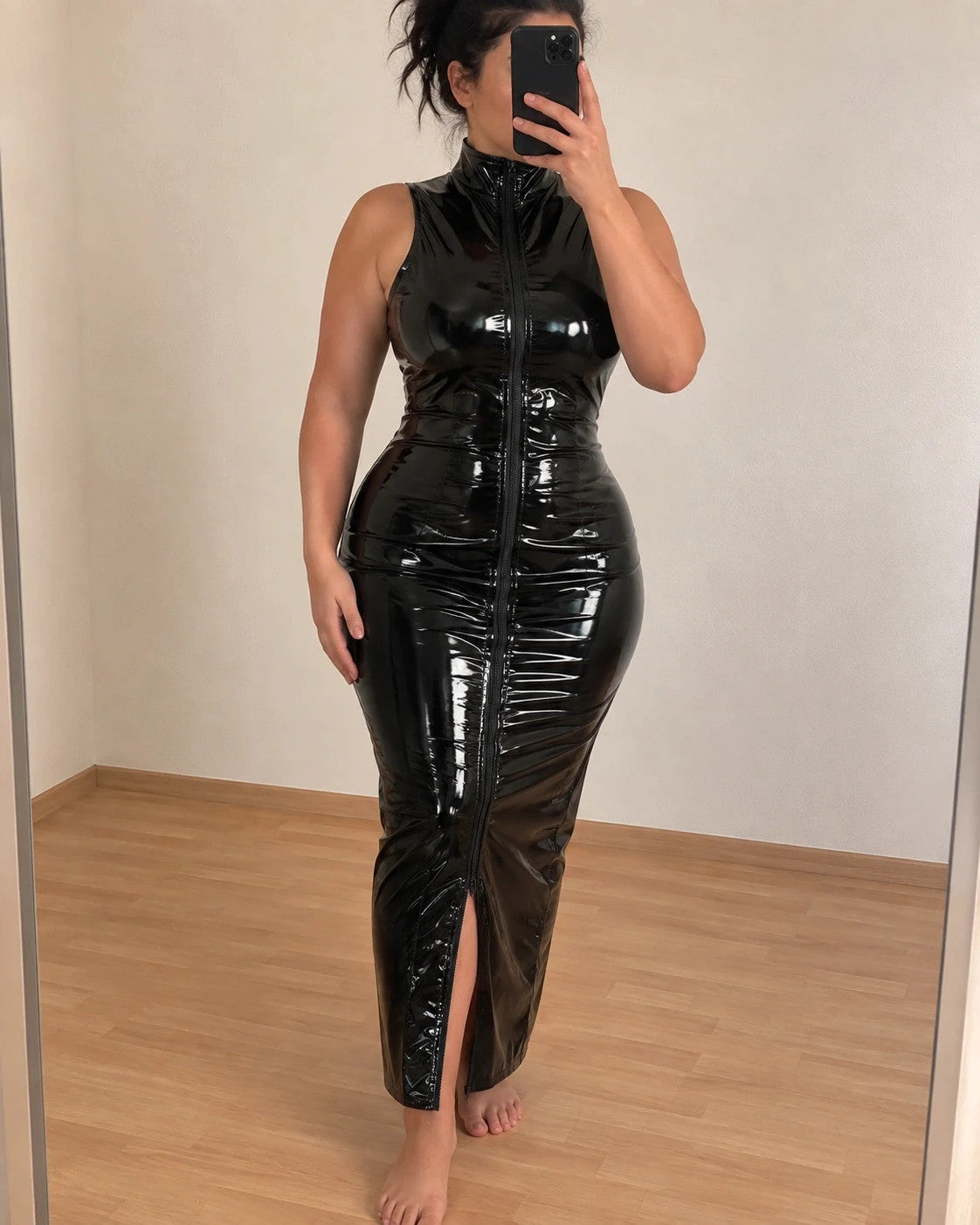 REI black wetlook maxi dress, sleeveless, high collar, front zipper, PU leather material.