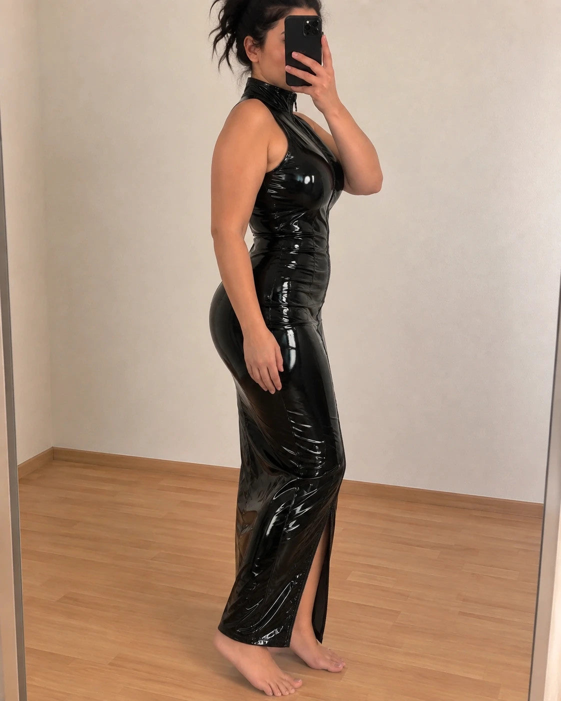 REI black wetlook maxi dress, sleeveless, high collar, front zipper, PU leather material.