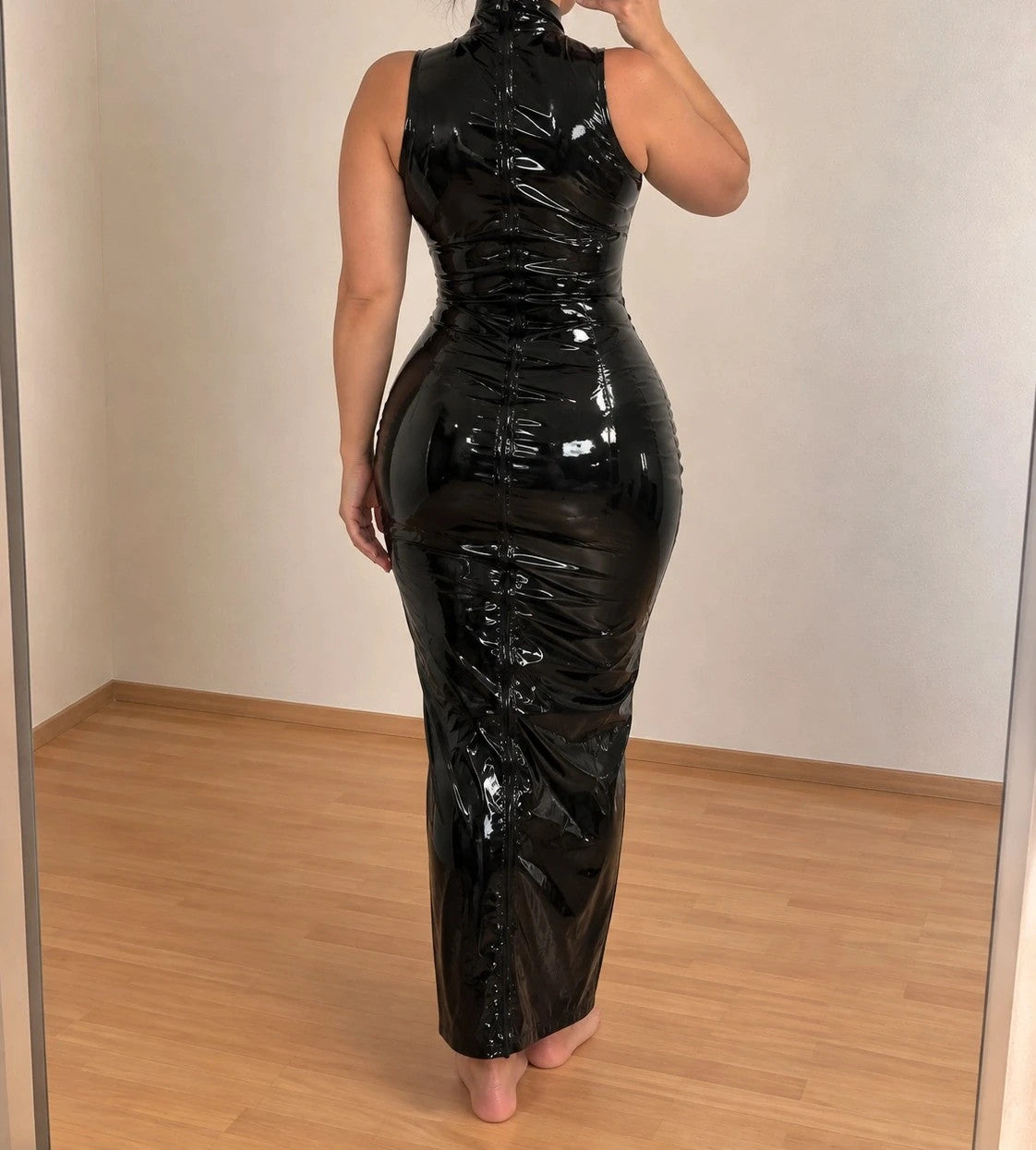 REI black wetlook maxi dress, sleeveless, high collar, front zipper, PU leather material.