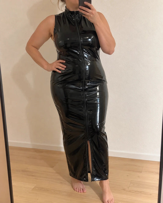 REI black linen maxi dress with shiny finish, high collar, and front zipper.
