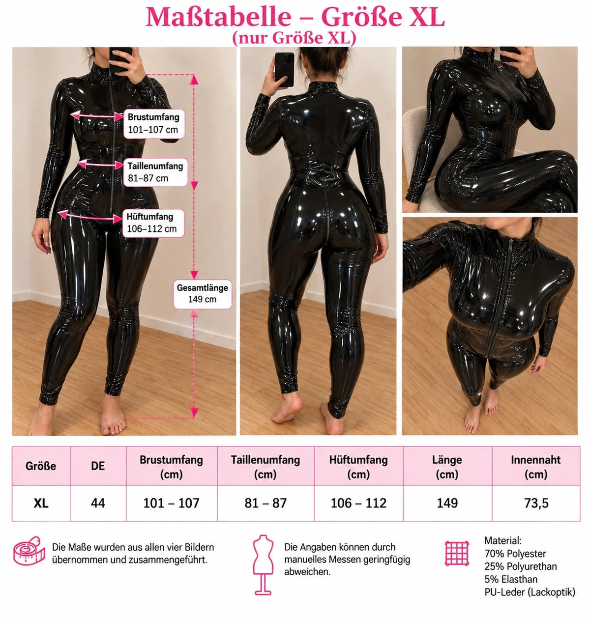 Stark black jumpsuit wetlook finish, long sleeves, high collar, front zipper.