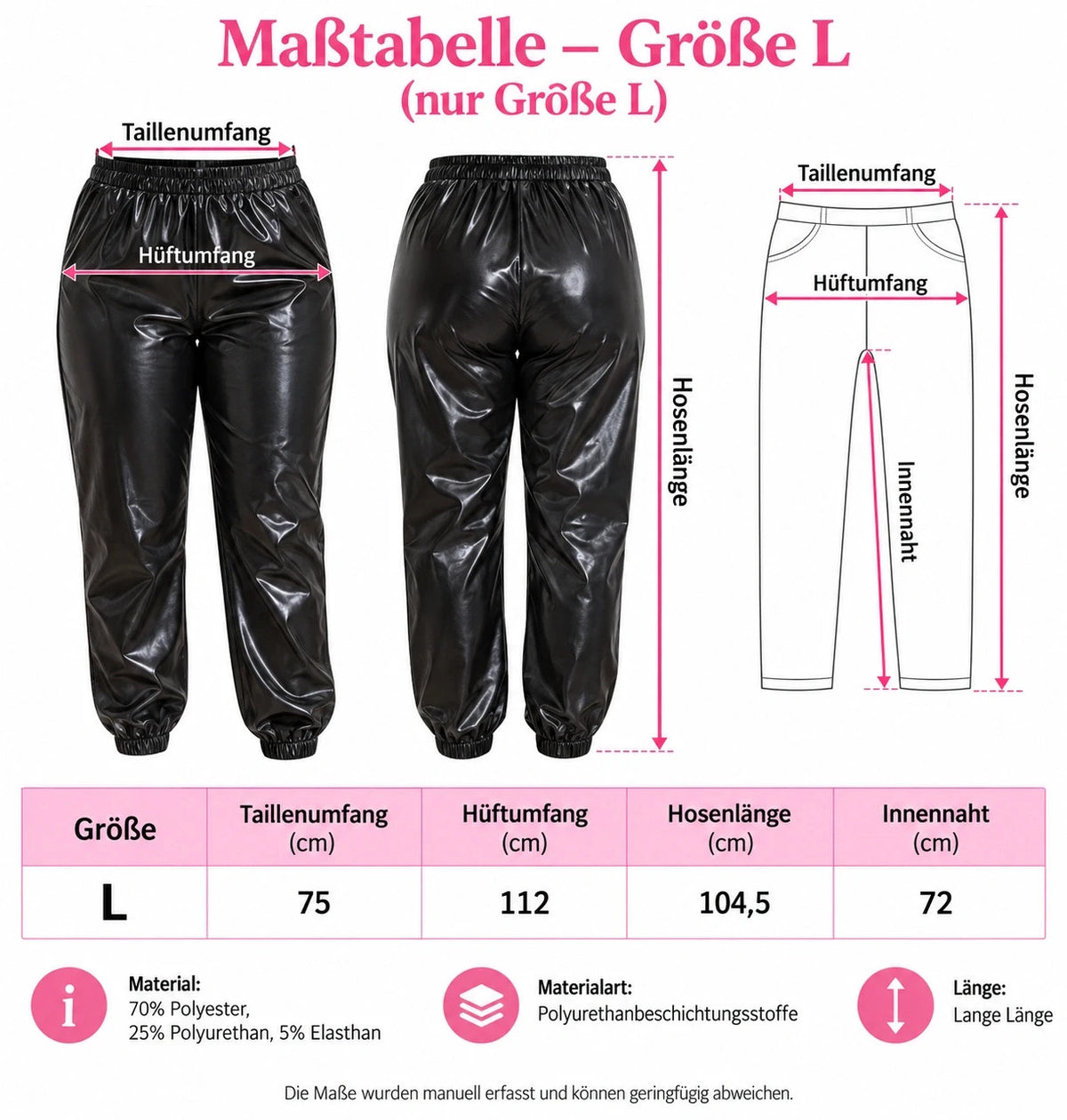Black joggers with glossy wetlook finish, elastic waistband, and no pockets.