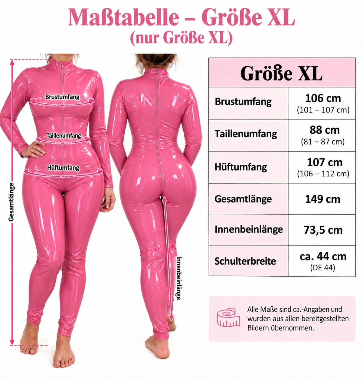 Stark pink jumpsuit high-gloss finish, form-fitting design, long sleeves, front zipper.