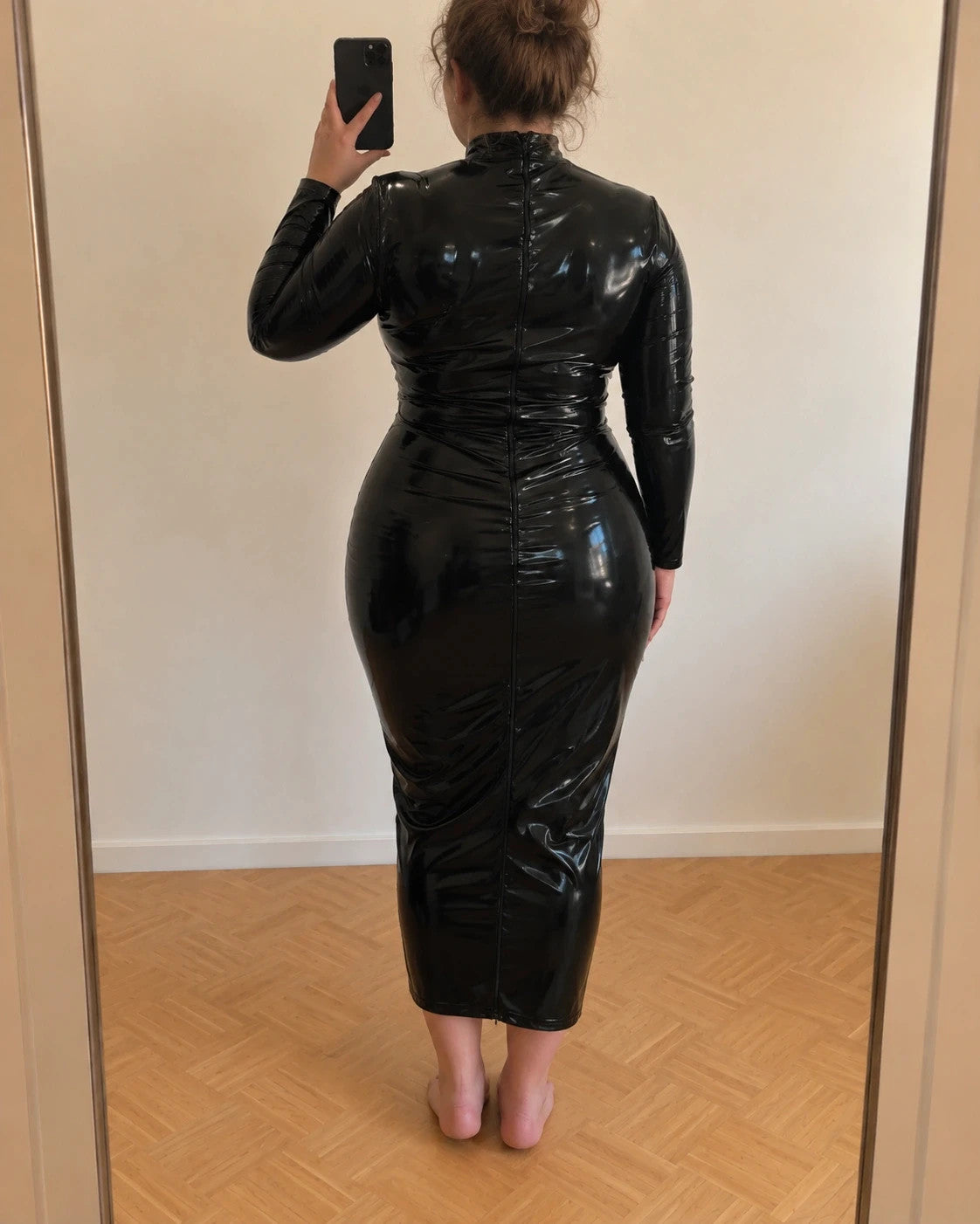 L'ange black linen maxi dress high-gloss finish fitted silhouette long sleeves high collar