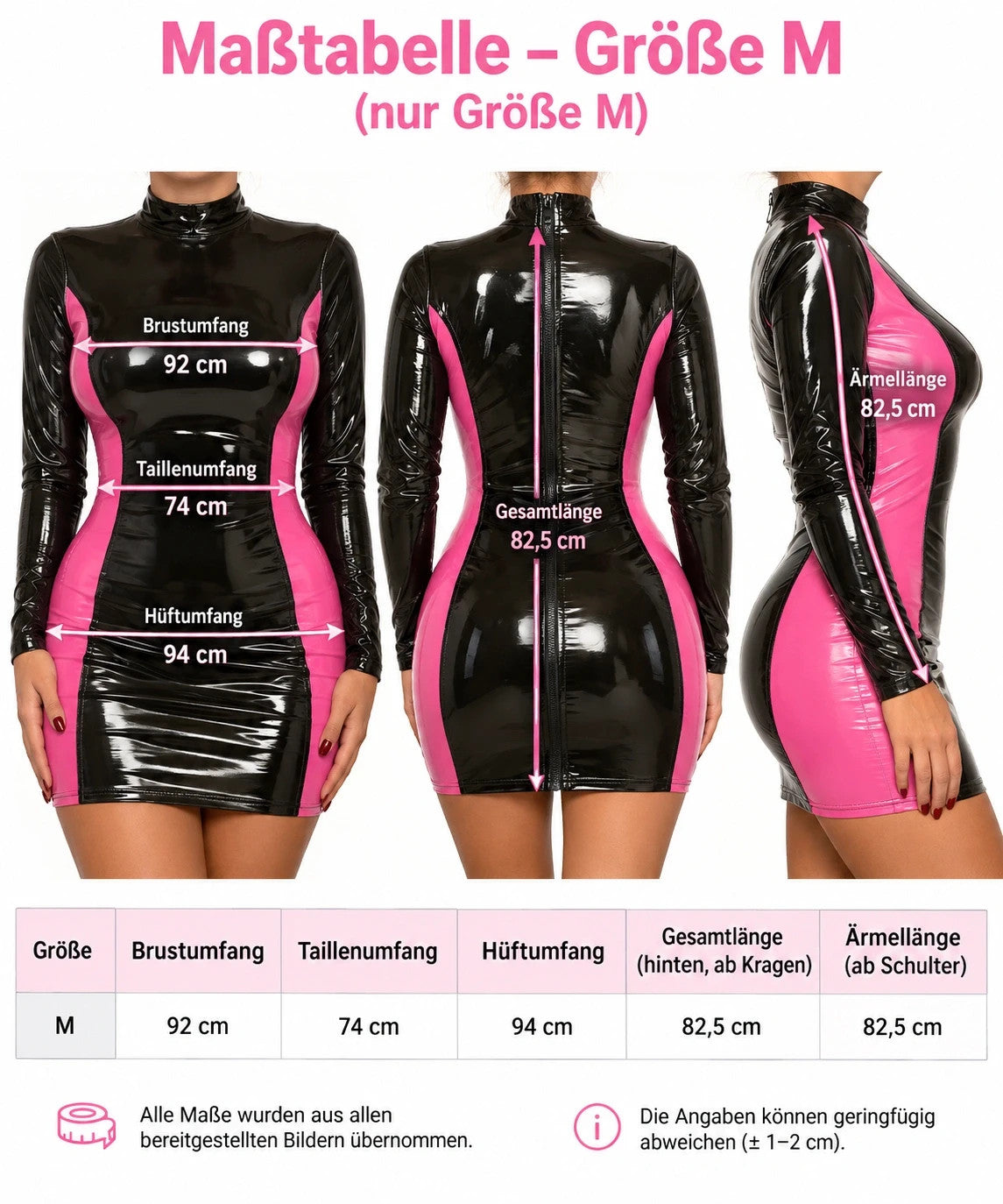 Stark black and pink bandage dress, glossy wetlook finish, high collar, zip back.