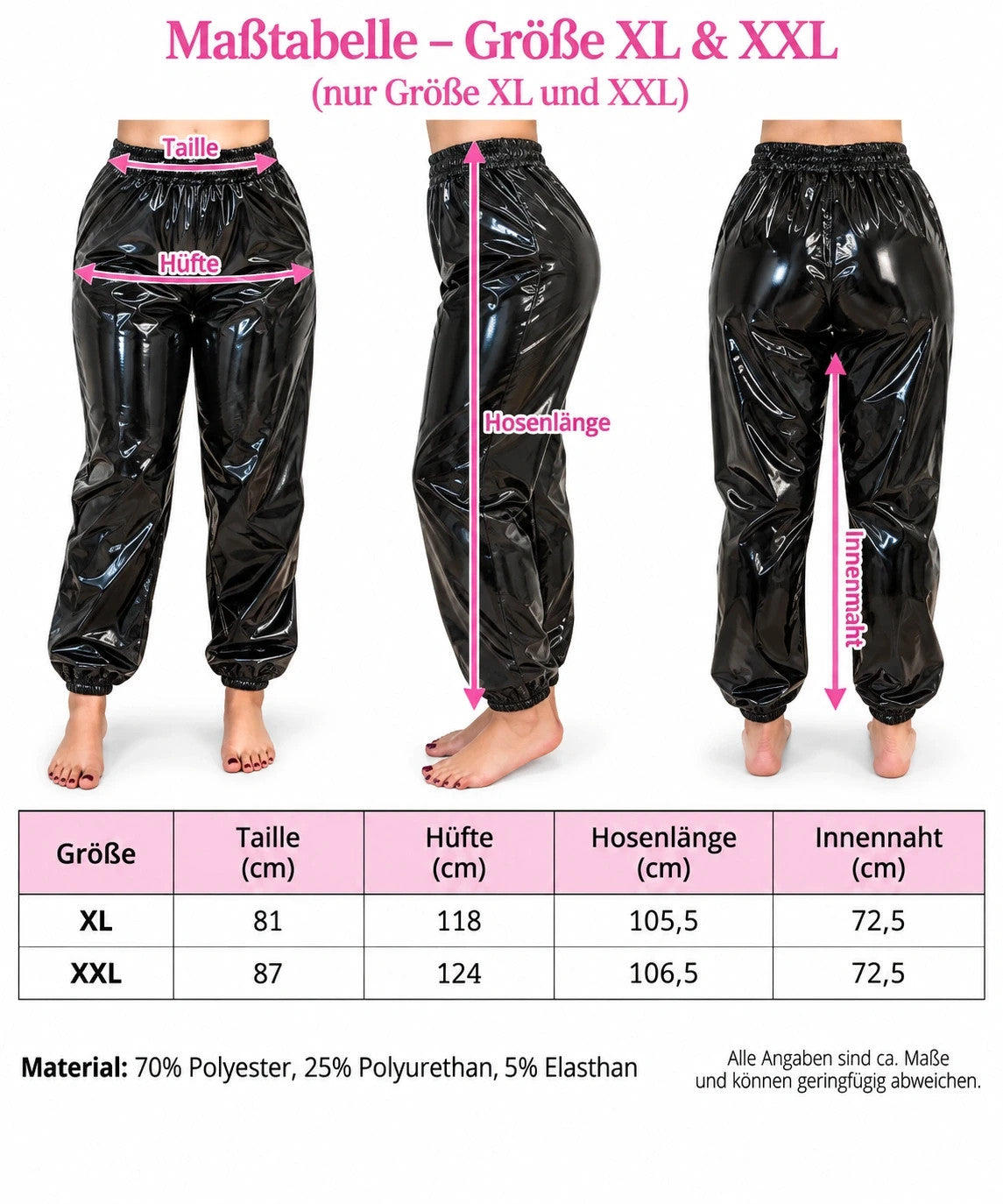 Bequem black joggers high-shine finish with elastic waistband and cuffs.