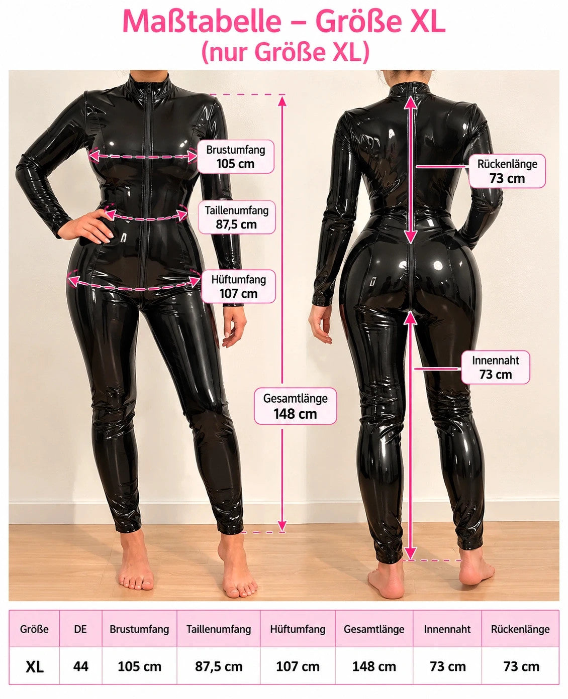 REI black jumpsuit with shiny wet-look finish and front zipper detail.