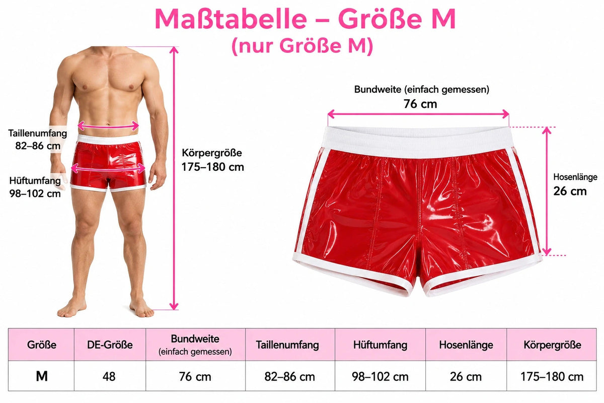 Herren red shorts glossy finish with white contrast details and elastic waistband.