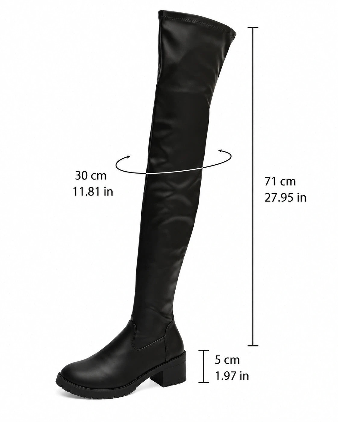 REI black overknee boots faux leather with side zipper and textured sole.