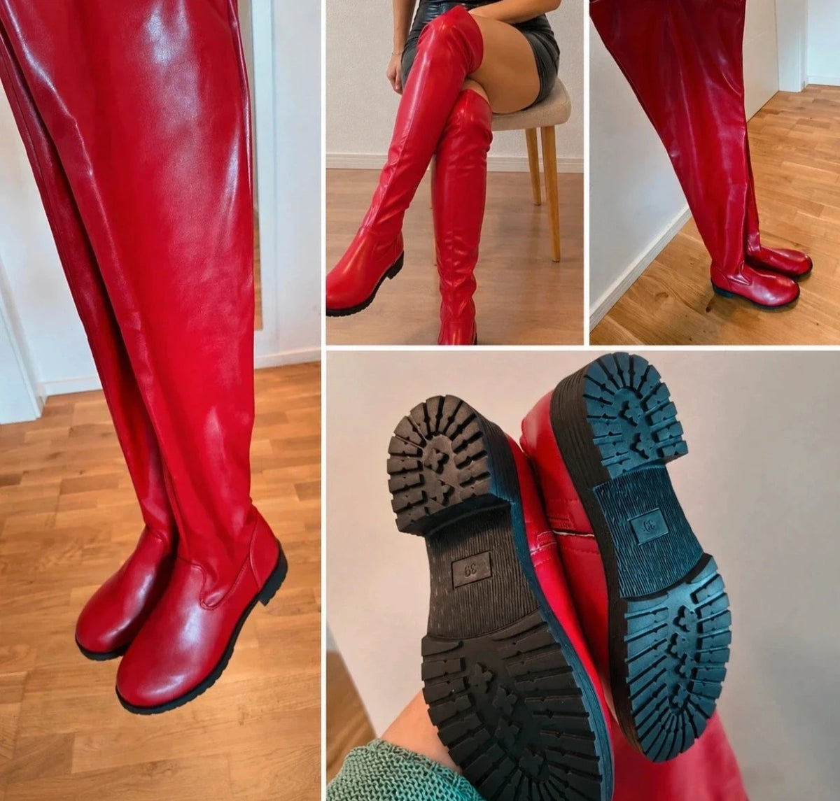 Eine red overknee boots faux leather high shaft block heel black sole