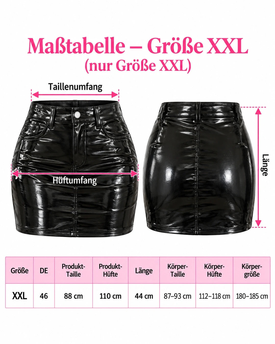 XXL black mini skirt high-gloss wetlook finish with classic button closure and belt loops.
