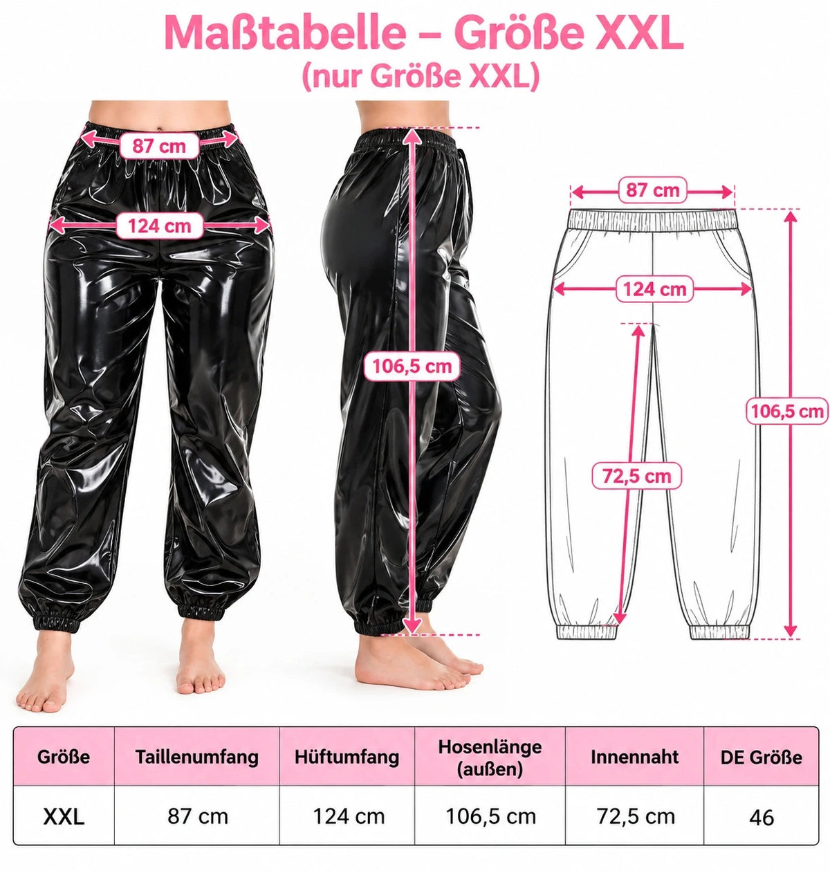 XXL black joggers in shiny wetlook with elastic waistband and cuffs.