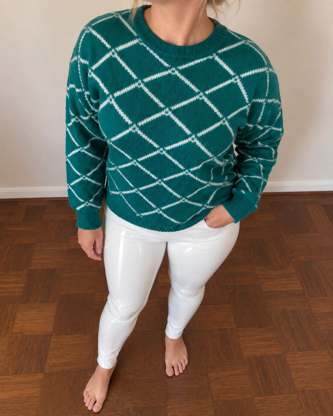 ONLY green pullover size L with white pattern and thick knit material.