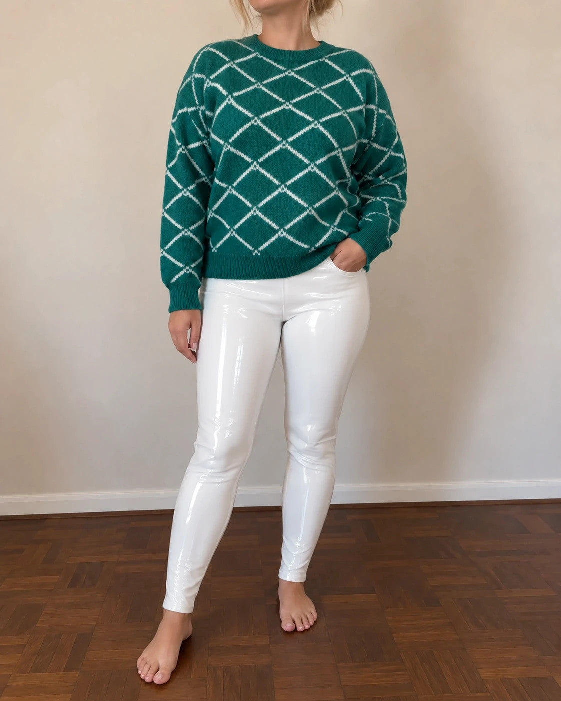 ONLY green pullover size L with white pattern and thick knit material.