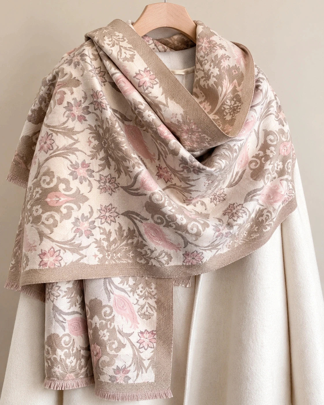 beige floral shawl beige pink 100% polyester large size 185x65 cm
