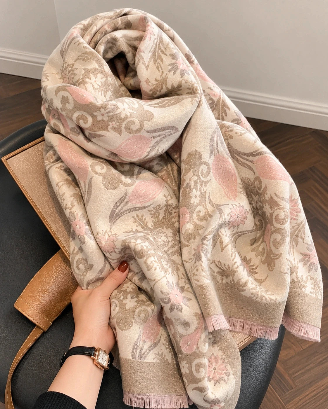 beige floral shawl beige pink 100% polyester large size 185x65 cm