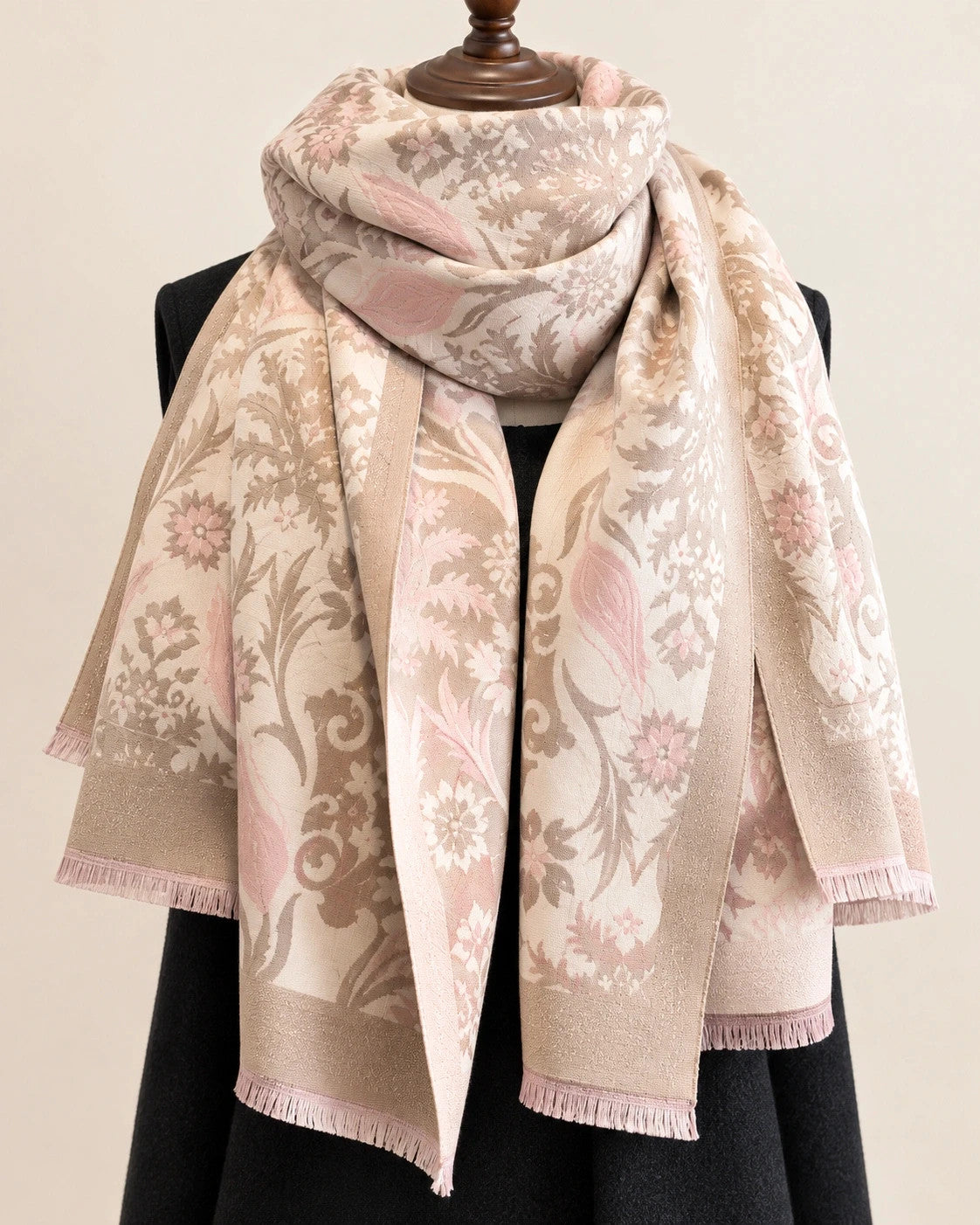 beige floral shawl beige pink 100% polyester large size 185x65 cm