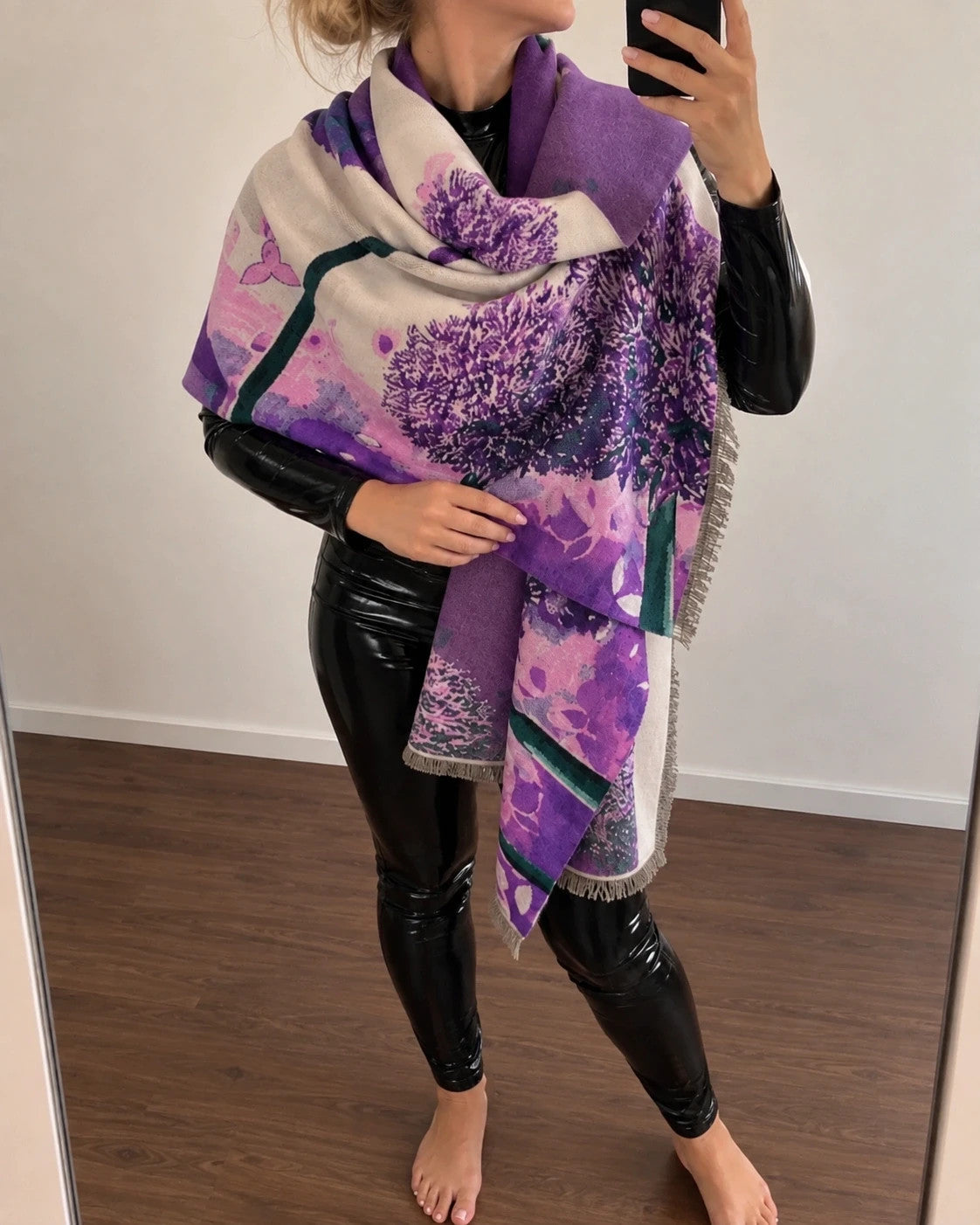 ALS beige and purple shawl with fringe, featuring a vibrant pattern in lilac and cream.