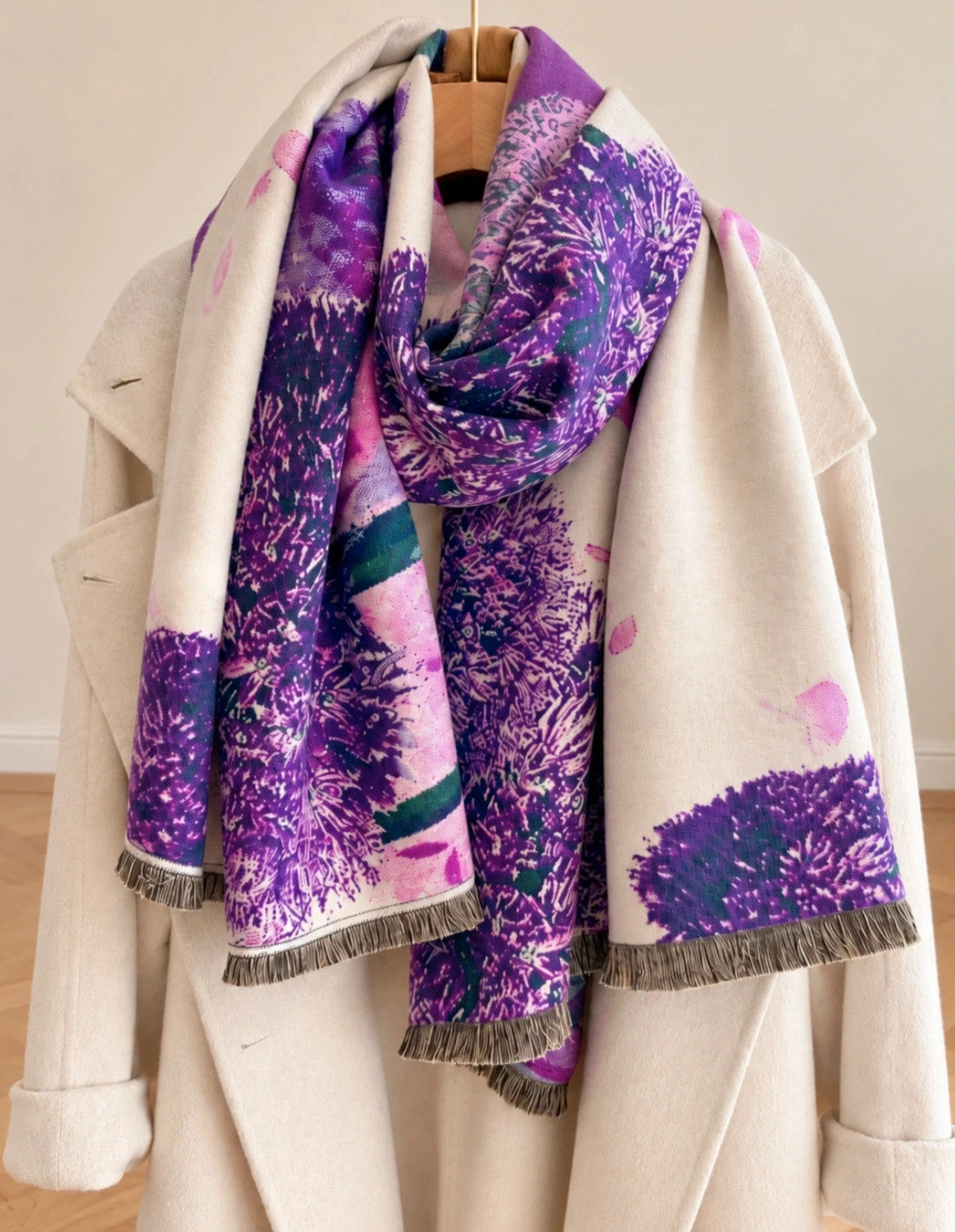 ALS beige and purple shawl with fringe, featuring a vibrant pattern in lilac and cream.