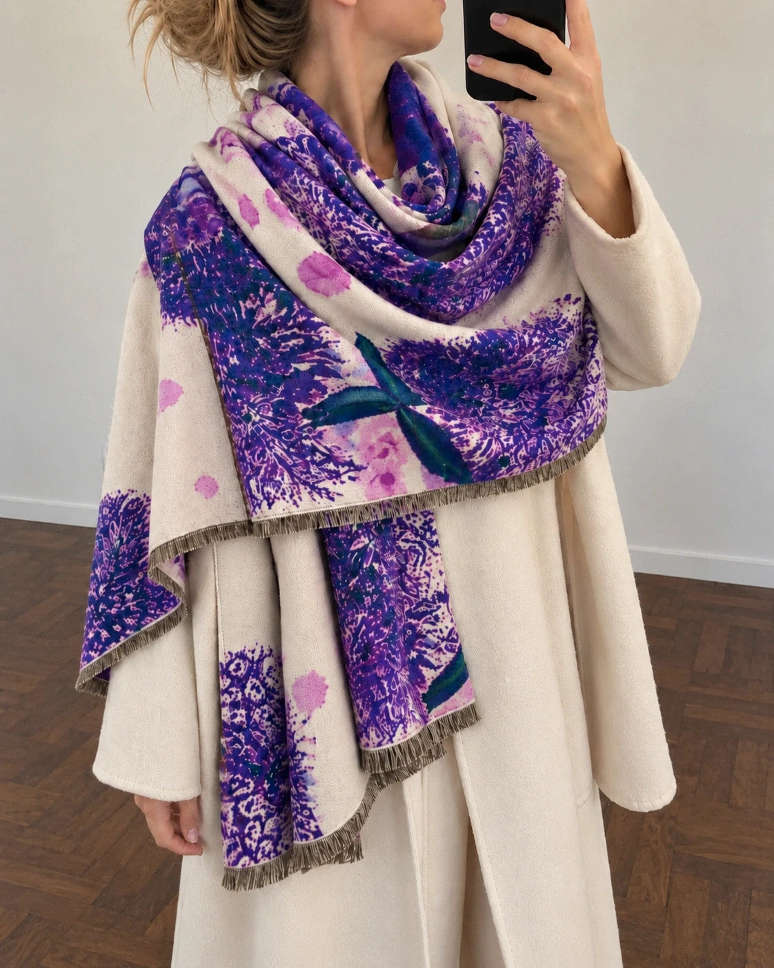 ALS beige and purple shawl with fringe, featuring a vibrant pattern in lilac and cream.