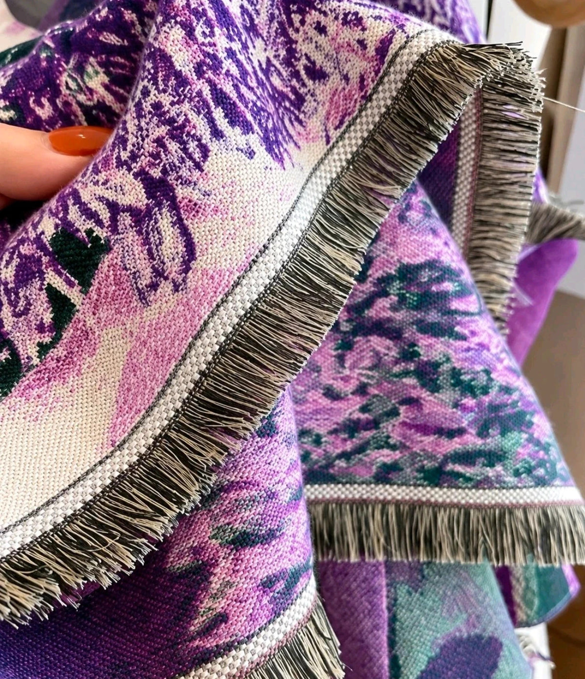 ALS beige and purple shawl with fringe, featuring a vibrant pattern in lilac and cream.