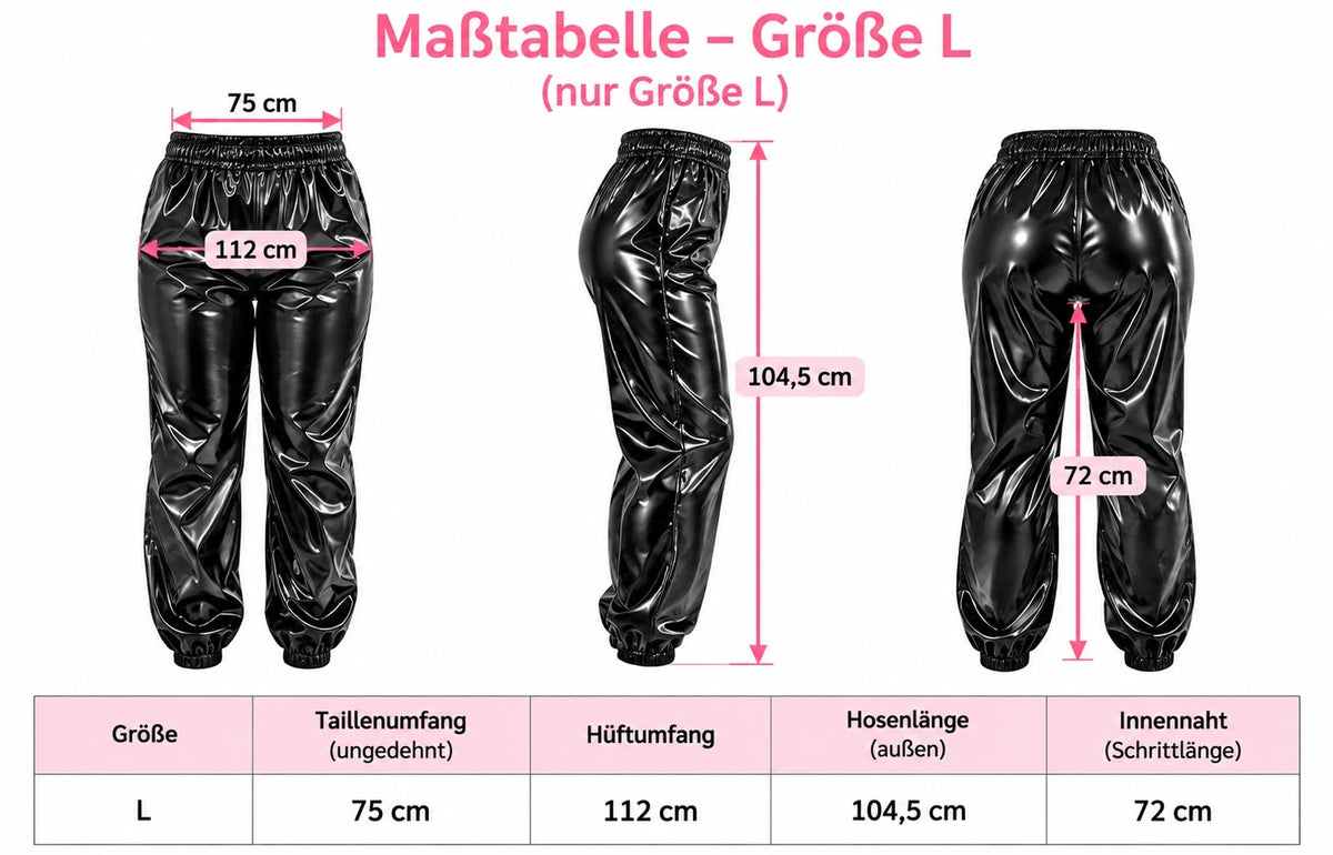 Che black joggers shiny wetlook finish with elastic waistband and cuffs.