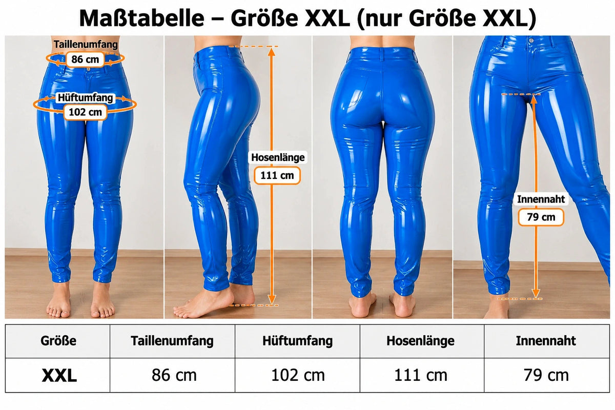 XXL blue straight jeans high-waist glossy wetlook finish with faux pocket details.