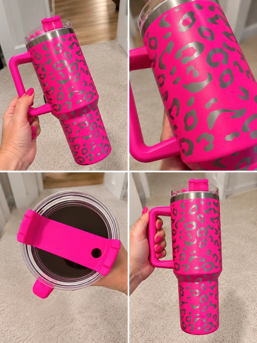 Pink tumbler with leopard print design, insulated, featuring handle and matching lid.