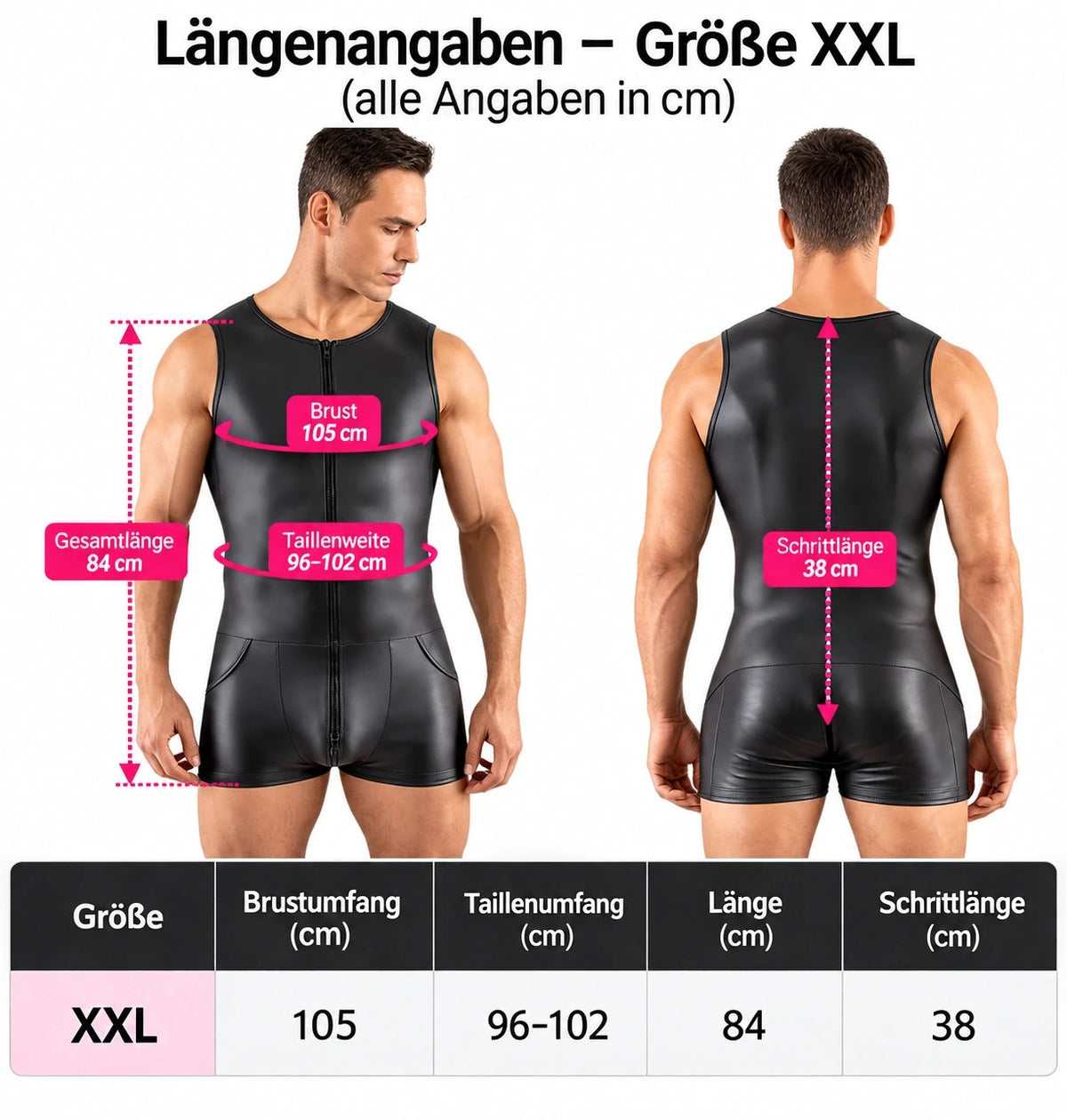 Herren black wetlook overall with front zipper and sleeveless design.