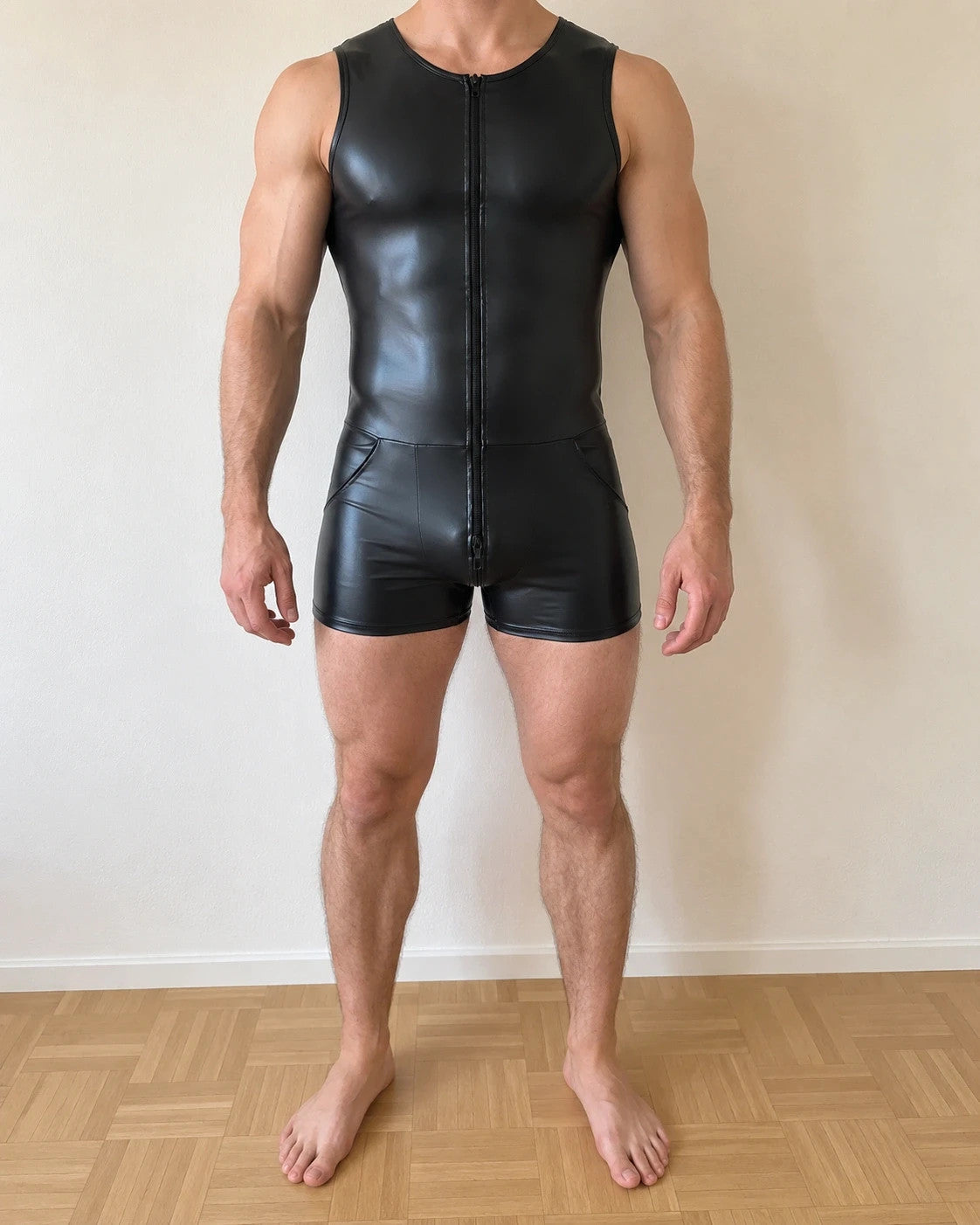 Herren black wetlook overall with front zipper and sleeveless design.