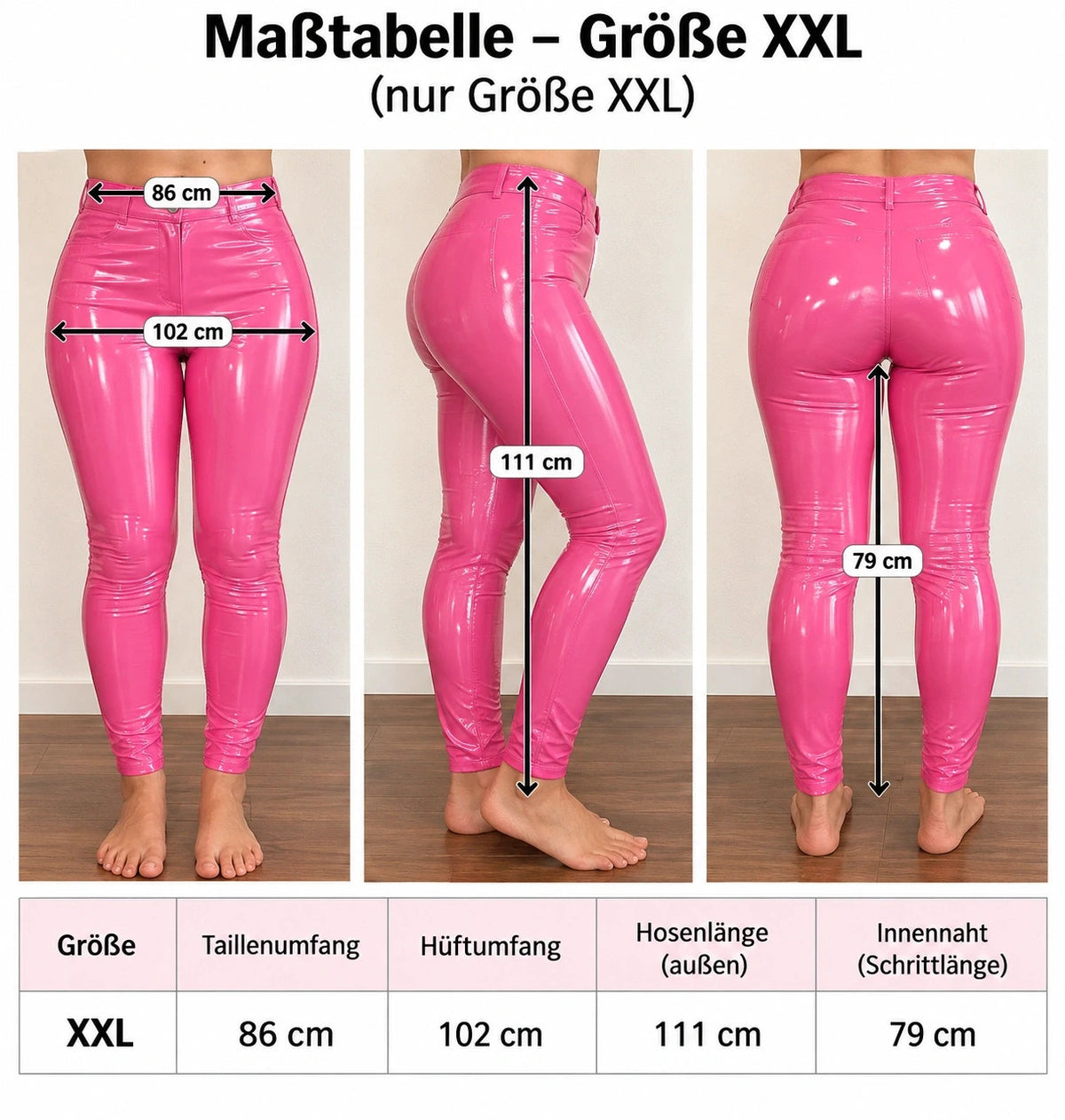 XXL pink wetlook pants high-waist glossy finish with faux pockets and figure-hugging fit.
