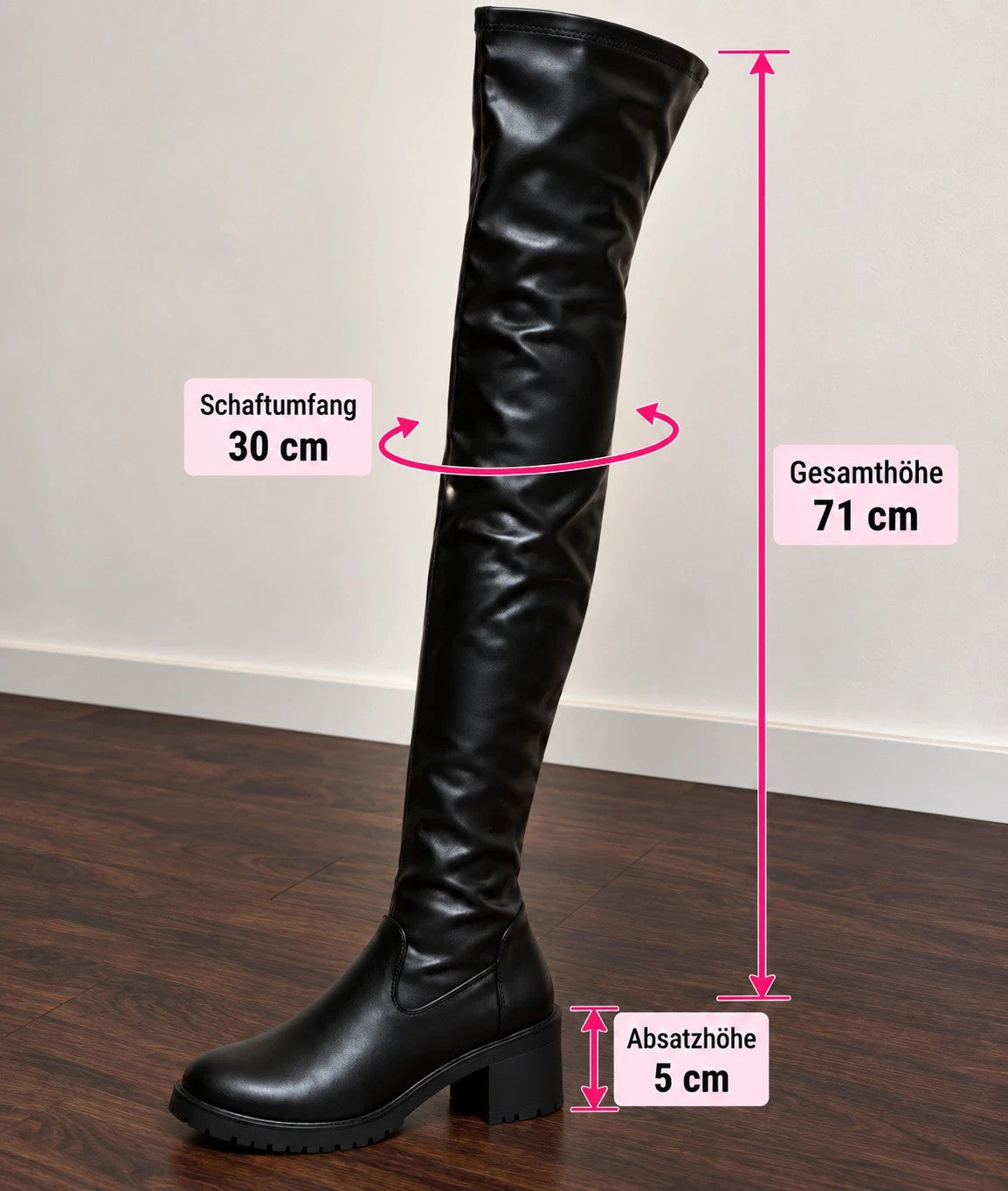 REI black overknee boots with shiny finish, side zipper, and block heel.