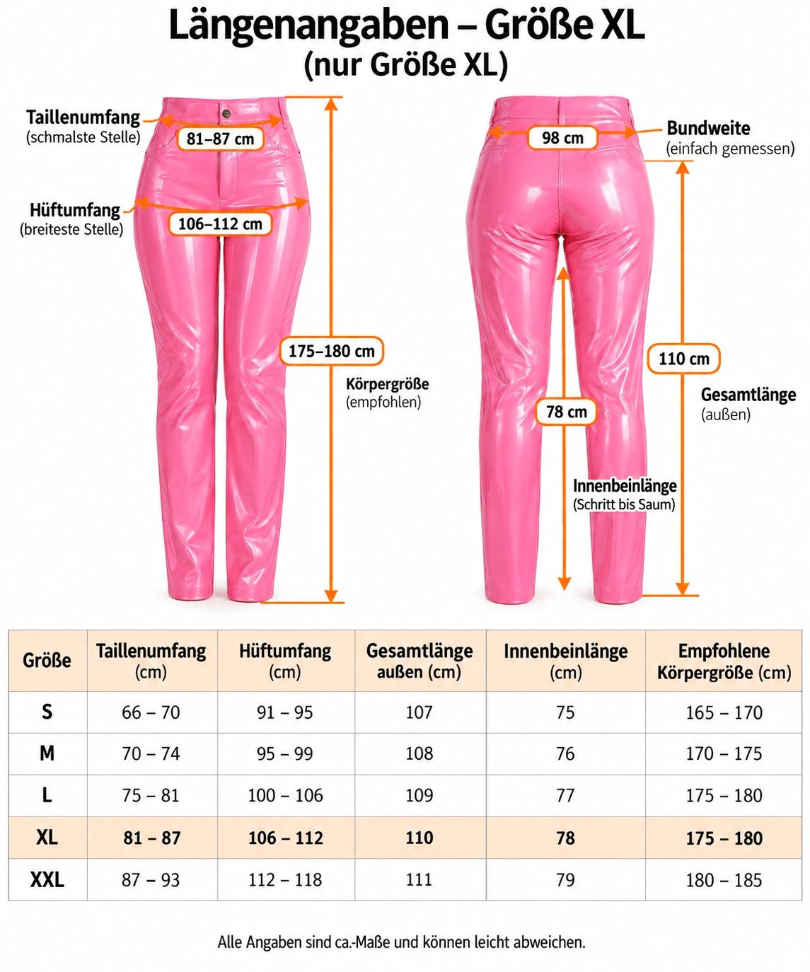 XXL black high waist vinyl pants with glossy finish and faux pockets.