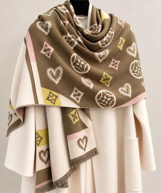 beige shawl khaki-beige with decorative motifs in beige, pink, and yellow