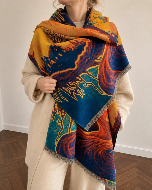 Farben multi shawl featuring vibrant landscape pattern, soft 100% polyester material.