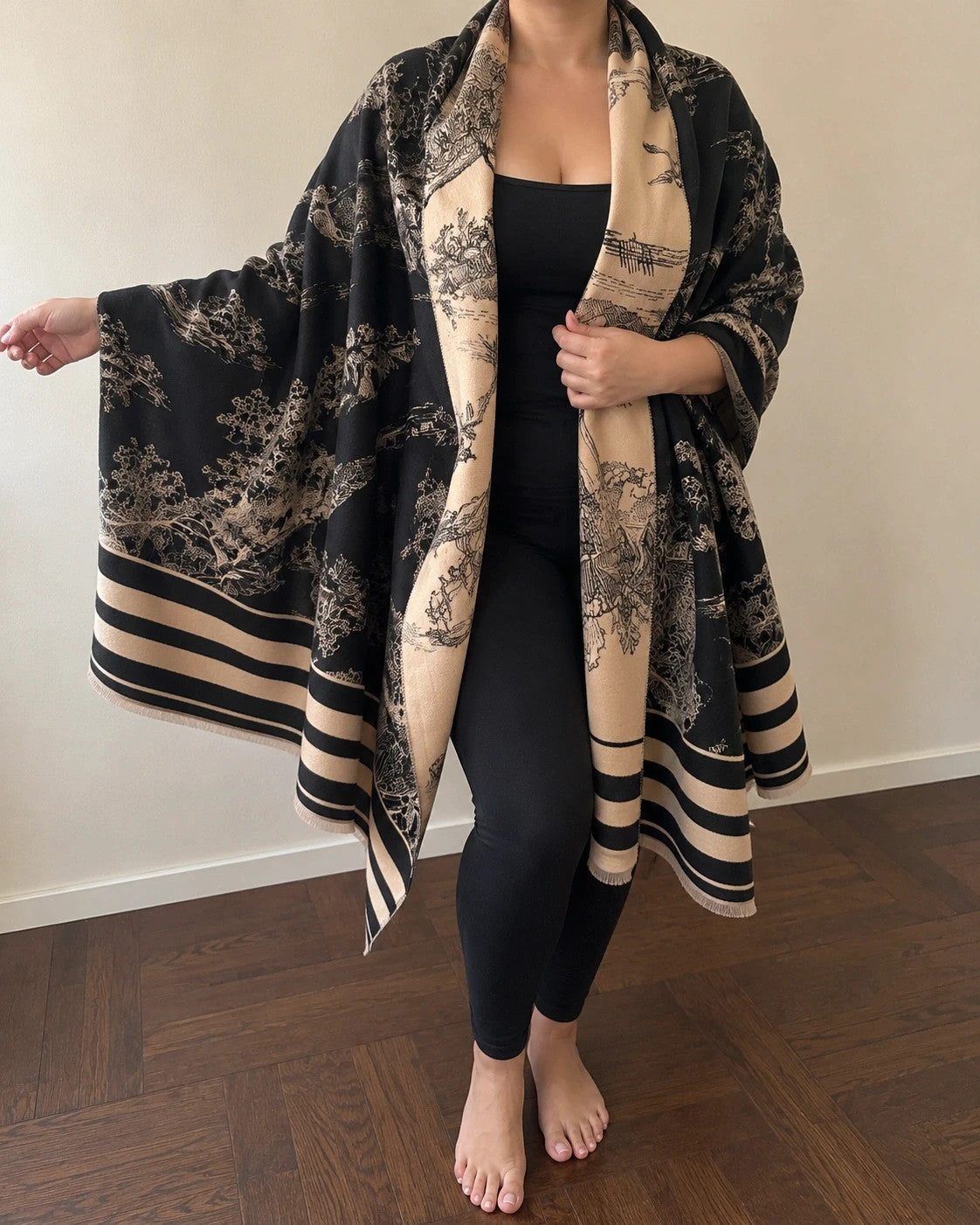 XXL beige and black reversible shawl with beautiful pattern and soft polyester material.