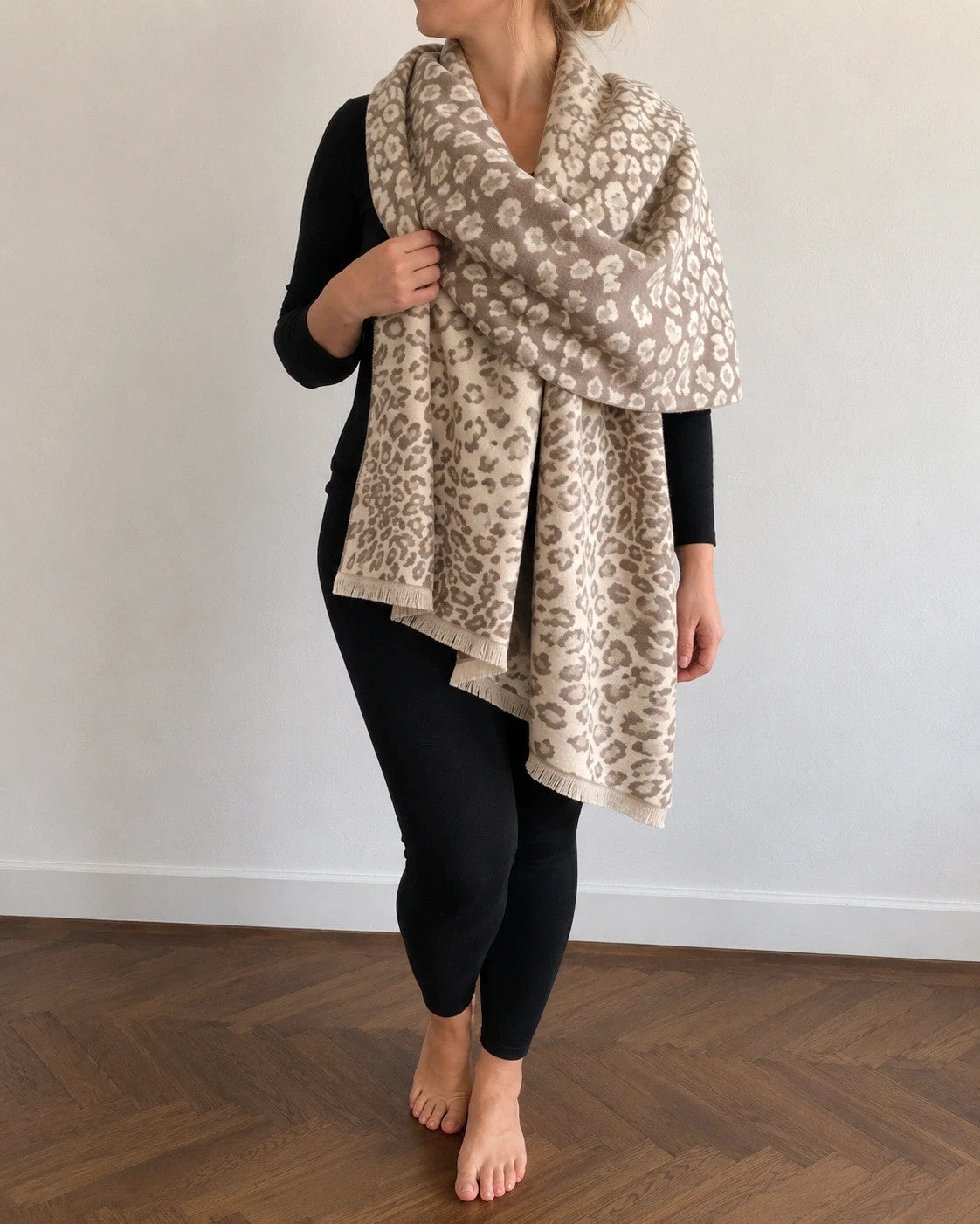 beige shawl cream grey animal print reversible polyester fabric